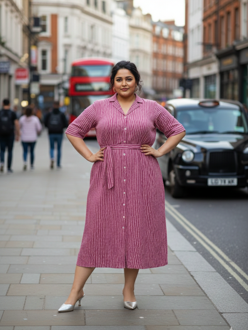 Mauve Pink Striped Cotton Shirt Dress