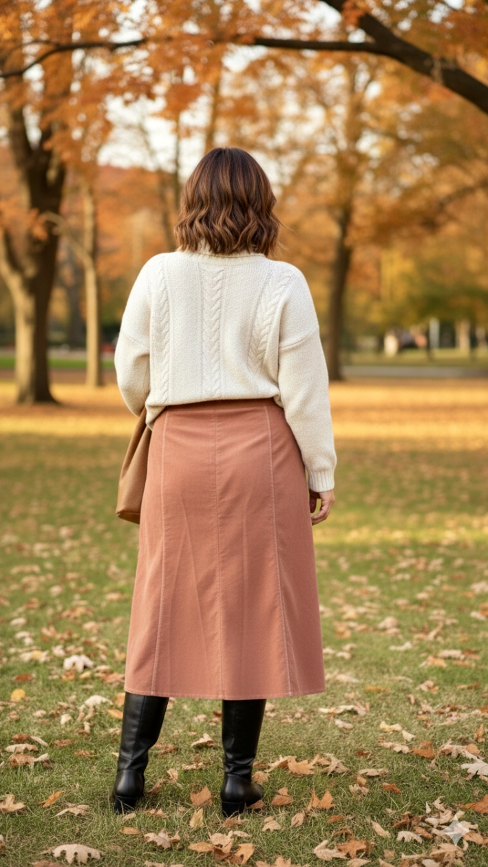 Pink High-Waisted Corduroy Midi Skirt