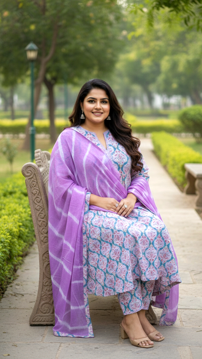 Turq & Lilac Floral Block Print Kurta (Set of 3) with Leheriya Dupatta