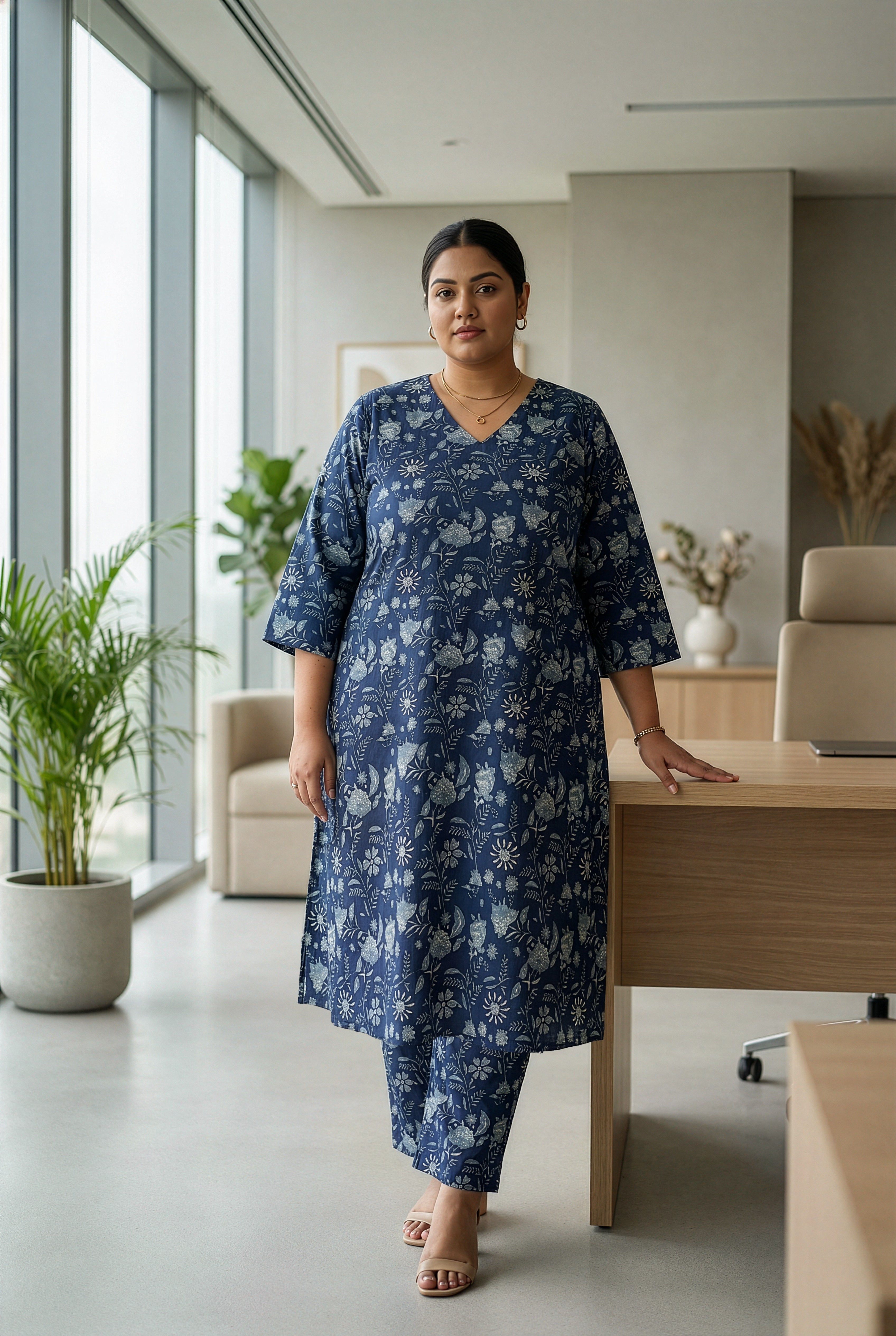 Plus Size Blue Cotton Co-Ord Set for Women – Printed Kurta & Pants Set