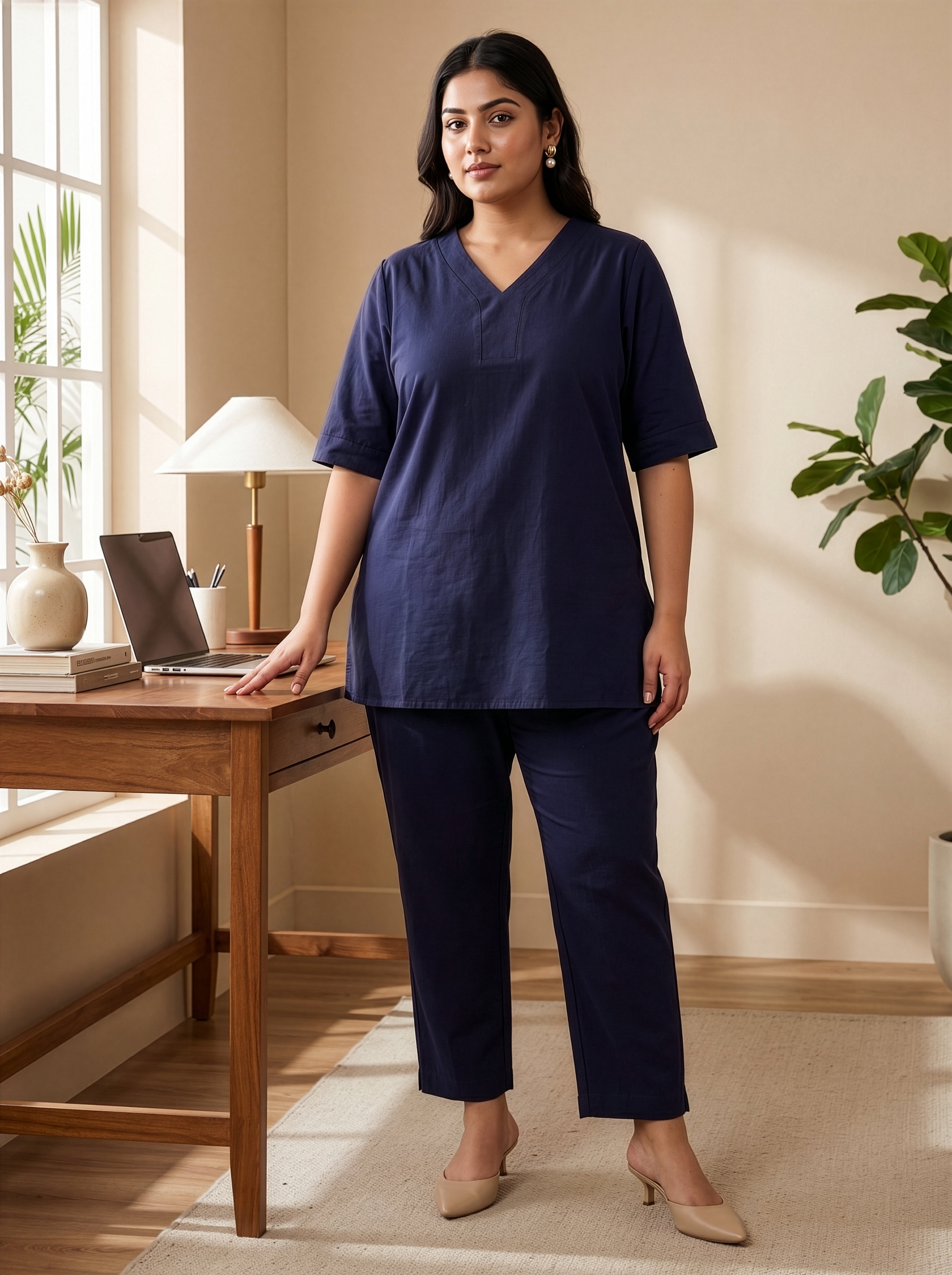 Plus Size Dark Blue Linen Co-ord Set for Women – Relaxed Fit Everyday Wear