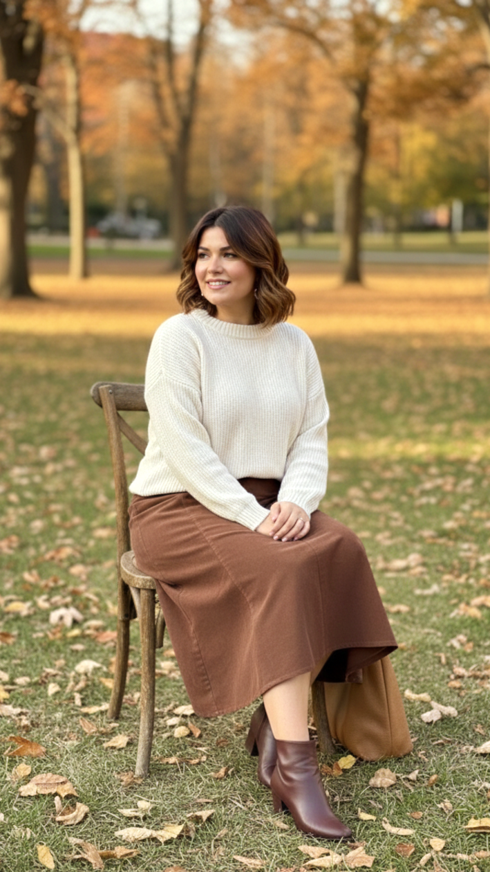 Brown High-Waisted Courduroy Midi Skirt