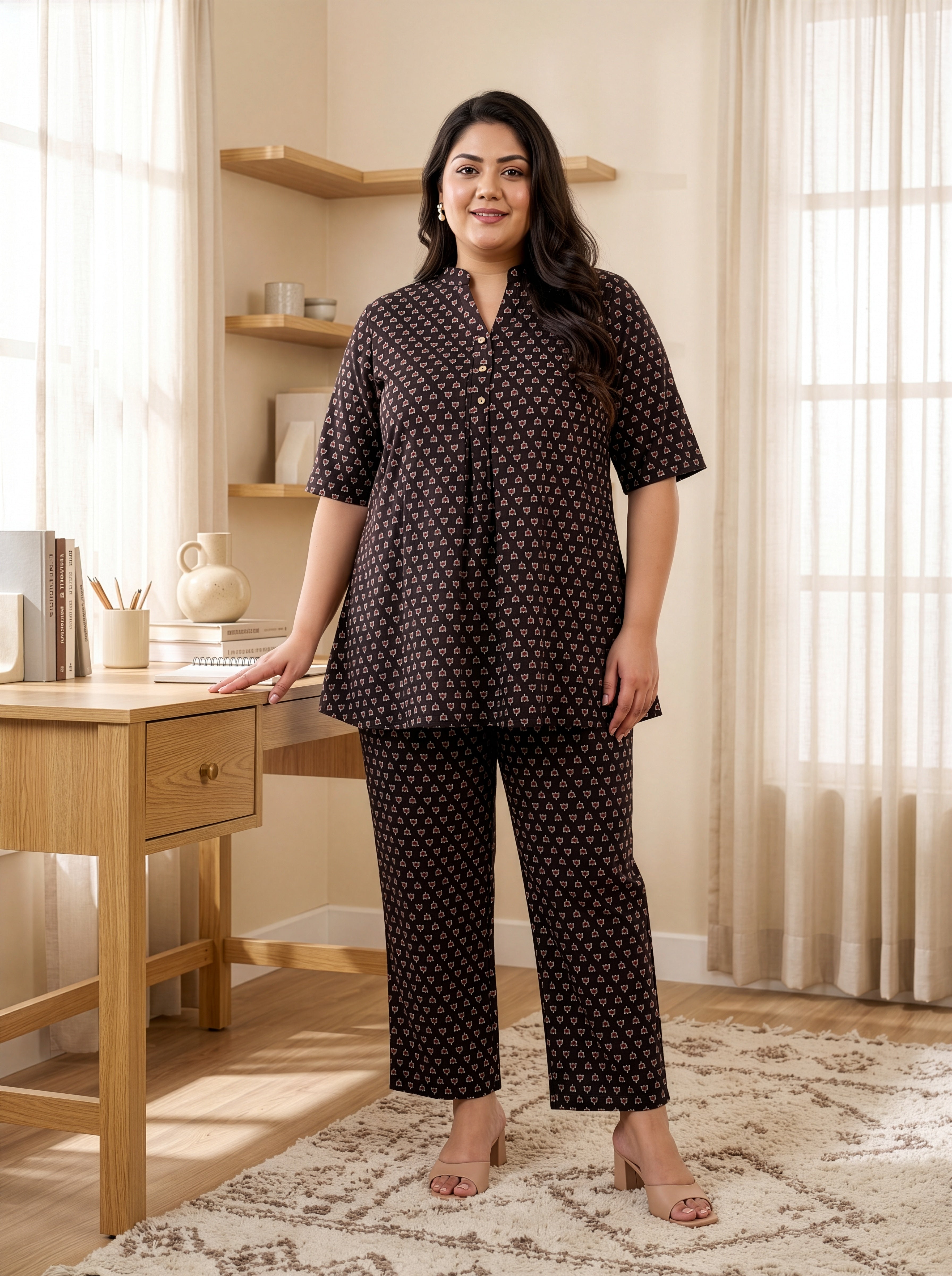 Plus Size Black Booti Print Cotton Co-Ord Set for Women