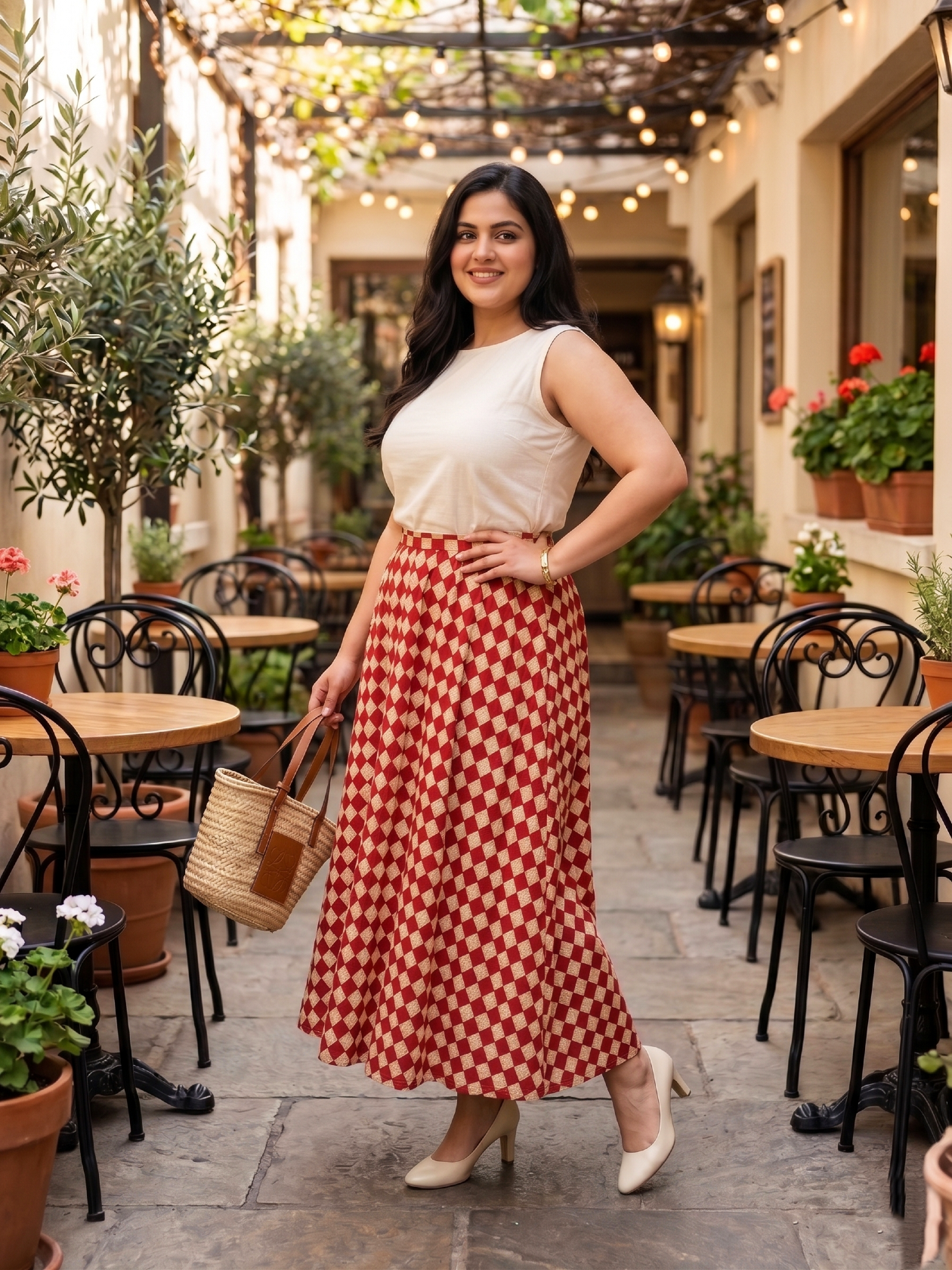 Plus Size Cotton Checkered Midi Skirt – High Waist Flared Skirt (Red & Beige)