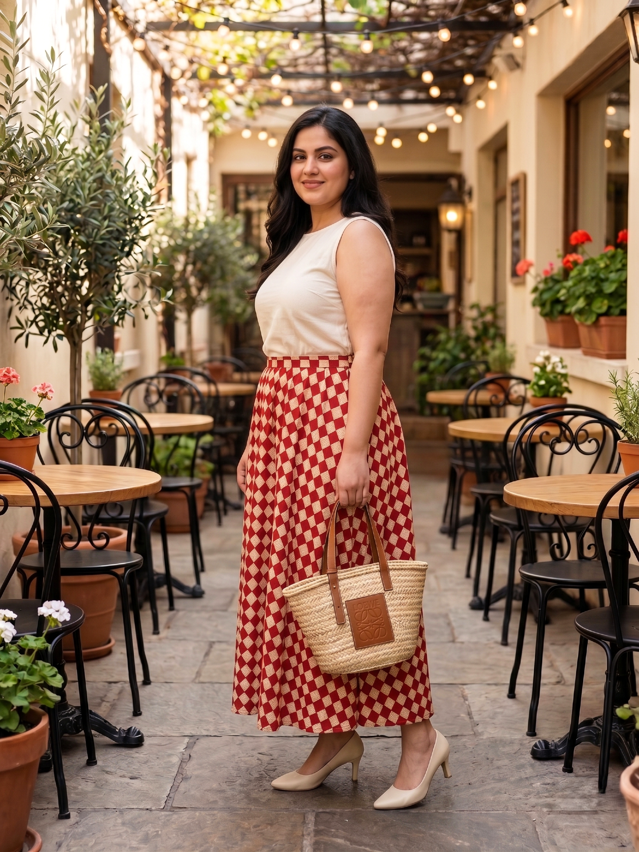Plus Size Cotton Checkered Midi Skirt – High Waist Flared Skirt (Red & Beige)