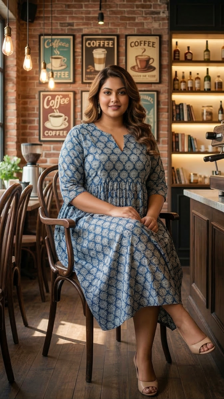Plus Size Blue Printed Cotton Dress for Women – Elegant Casual Ethnic Dress