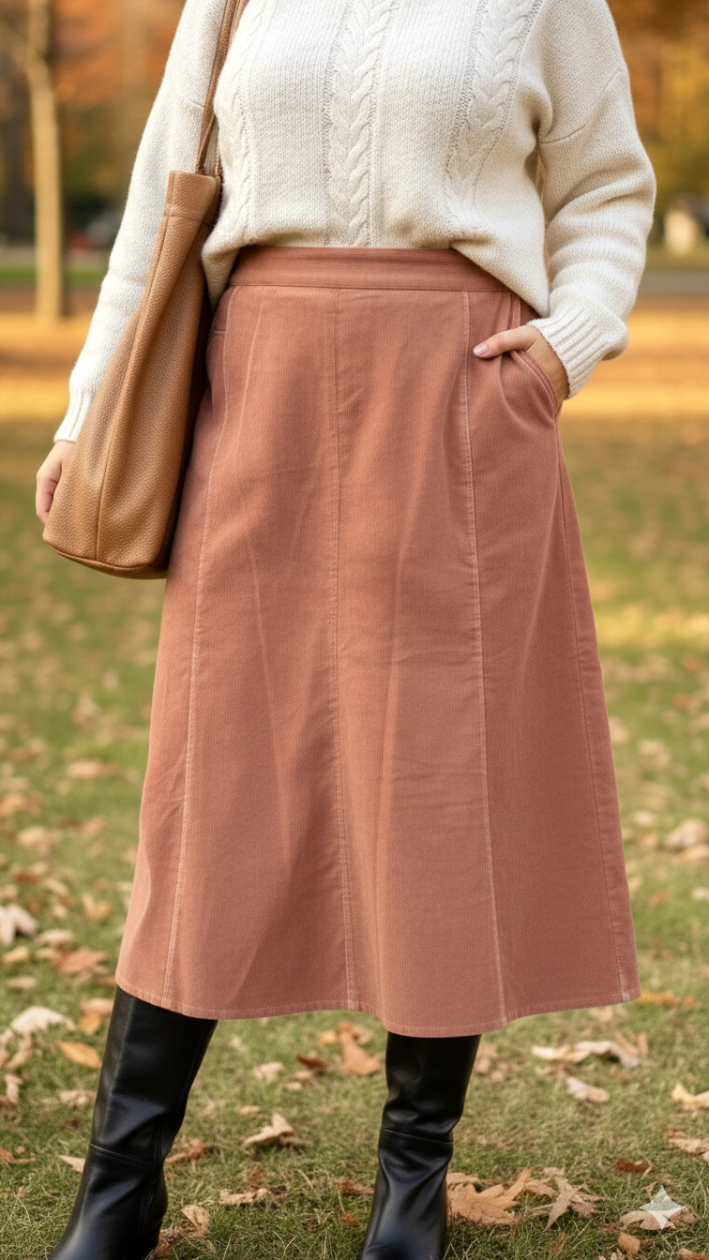 Pink High-Waisted Corduroy Midi Skirt
