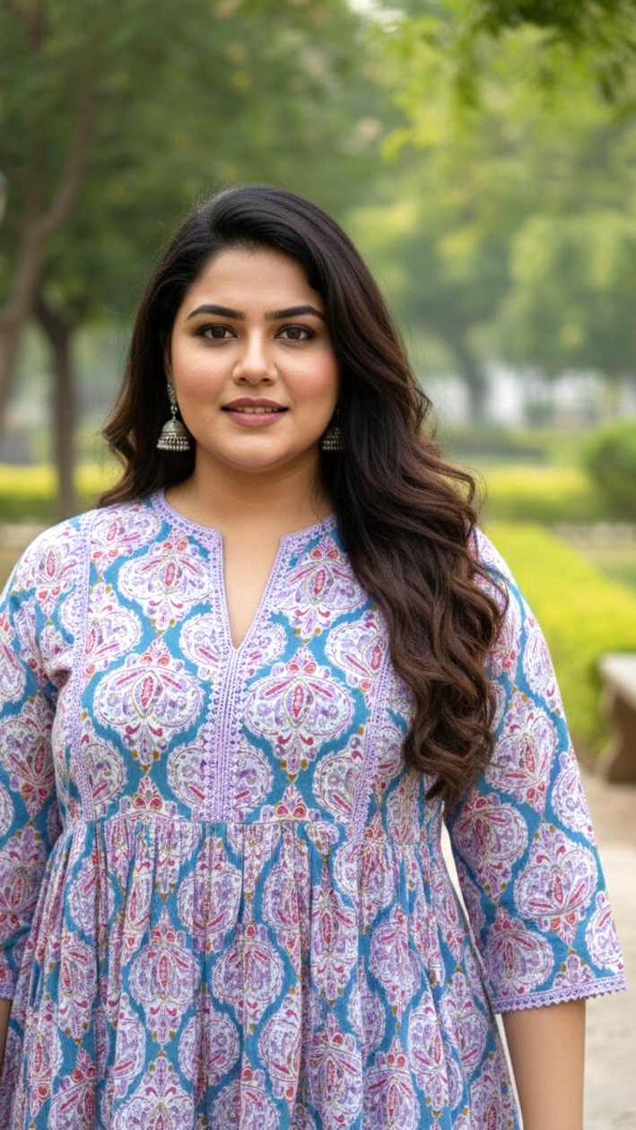 Turq & Lilac Block Print Kurta (Set of 3) with Leheriya Dupatta