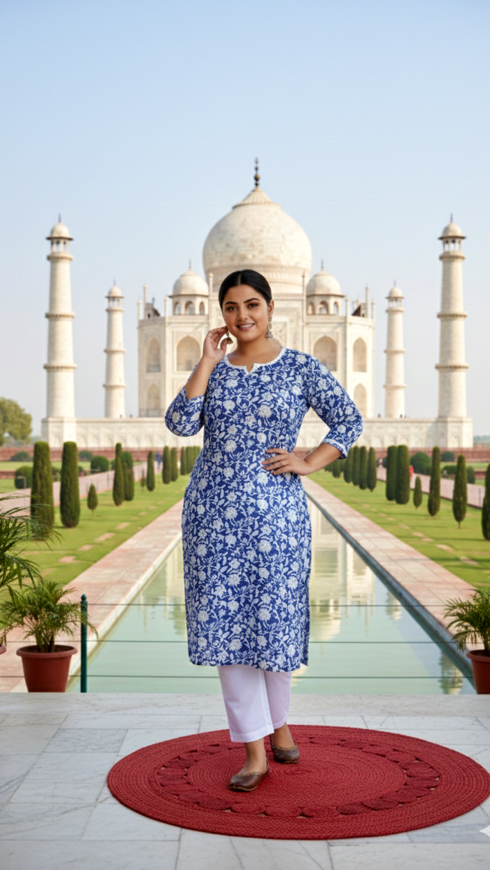 Blue Jaal Block Printed Cotton Kurta Set - (Set of 2)