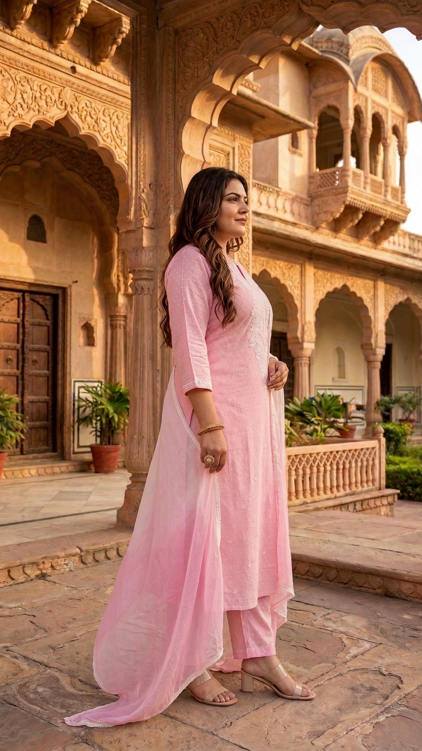Plus Size Women’s Pink Floral Lucknawi Kurta Set with Leheriya Dupatta – Festive Ethnic Wear