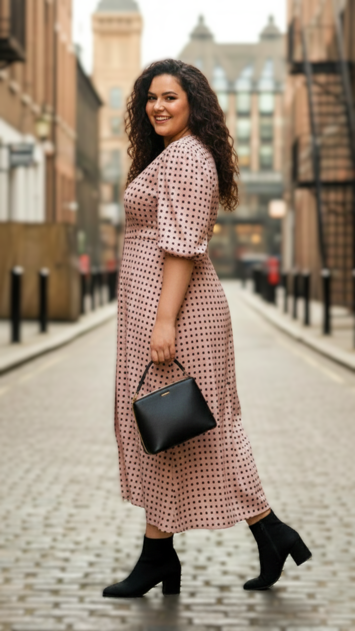 Plus Size Women’s Polka Dot Midi Dress – Elegant A-Line