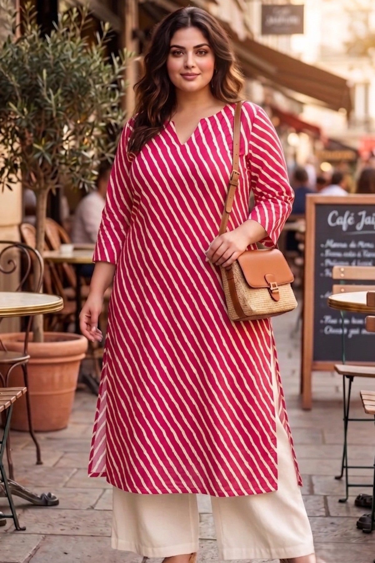 Plus Size Pink Cotton Leheriya Kurta for Women | V-Neck Straight Kurta