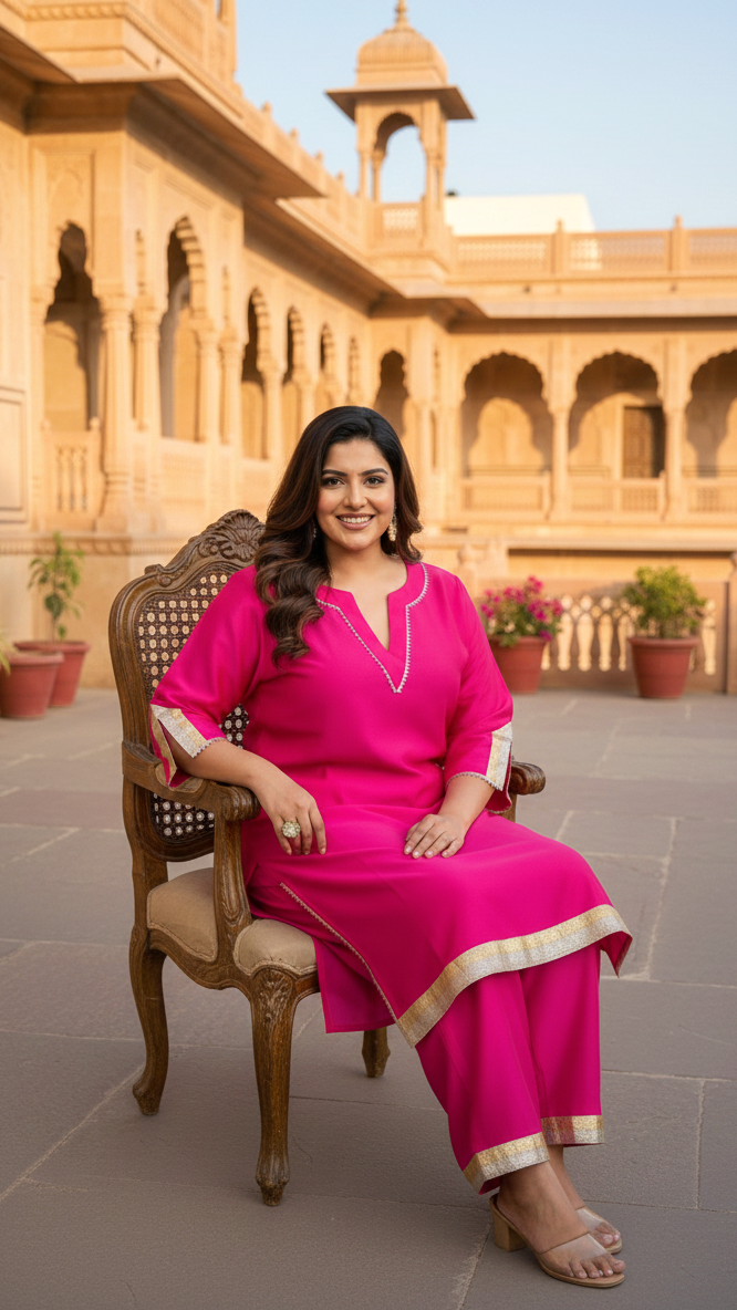 Plus Size Rani Pink Taffeta Straight Kurta Set with Gold Gota Work For Women