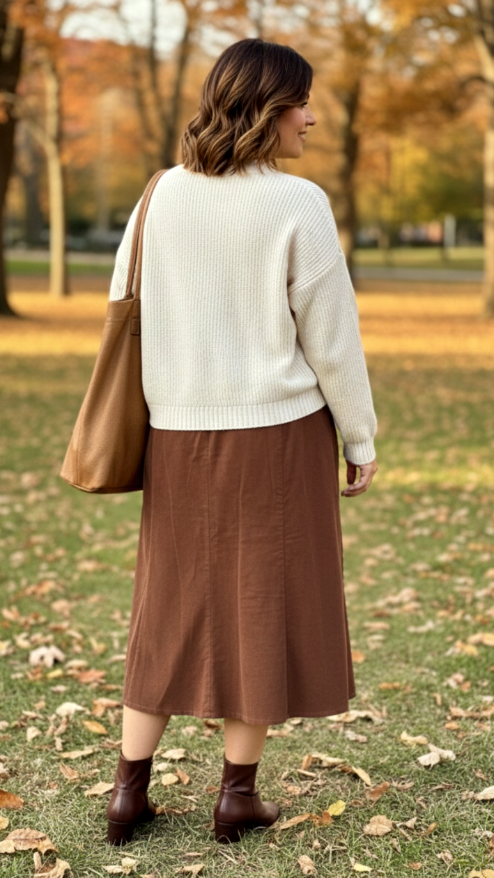 Brown High-Waisted Courduroy Midi Skirt