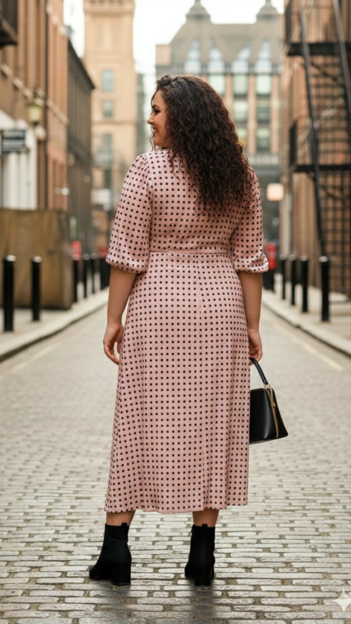 Plus Size Women’s Polka Dot Midi Dress – Elegant A-Line