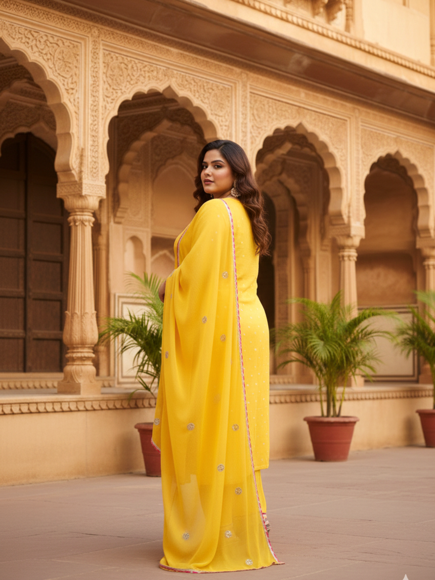 Navrai Yellow Bandhani Suit Set - (Set of 3)
