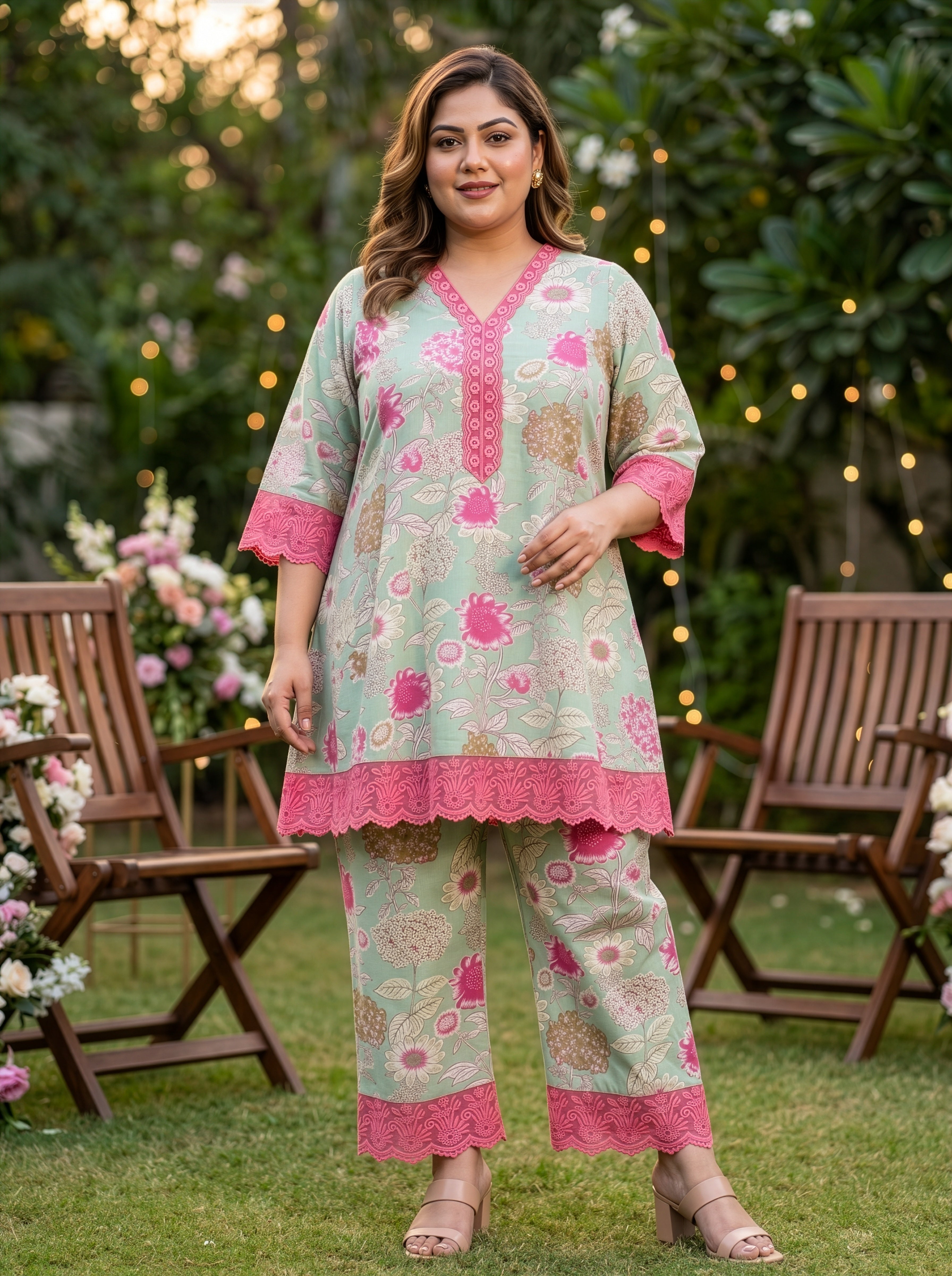 Plus Size Pink and Sage Green Floral Cotton Co-ord Set – Printed Top & Pants