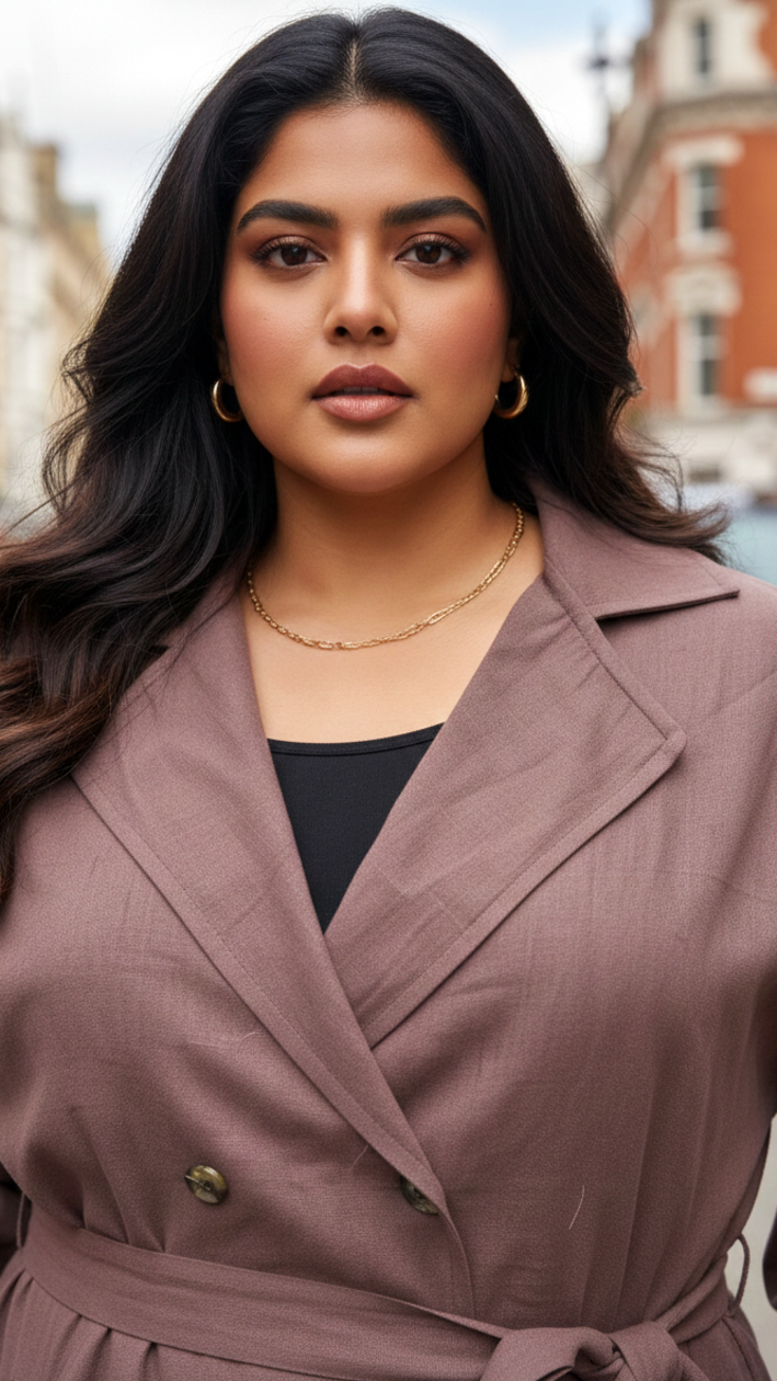 Plus Size Cotton Flex Long Trench Coat – Belted Smart Casual Overcoat