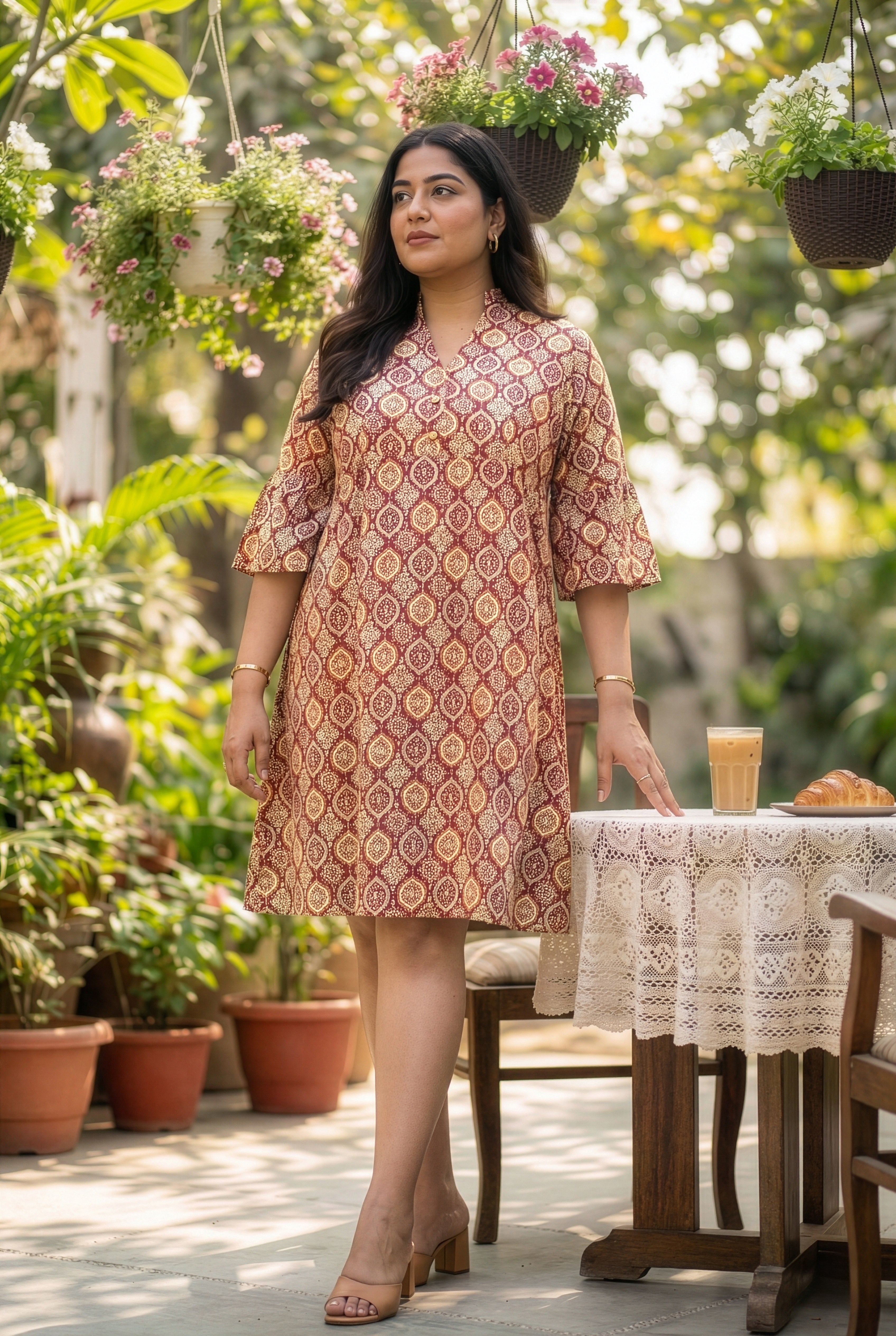 Brown and Maroon Ajrakh Print Kantha Cotton Pleated Short Dress