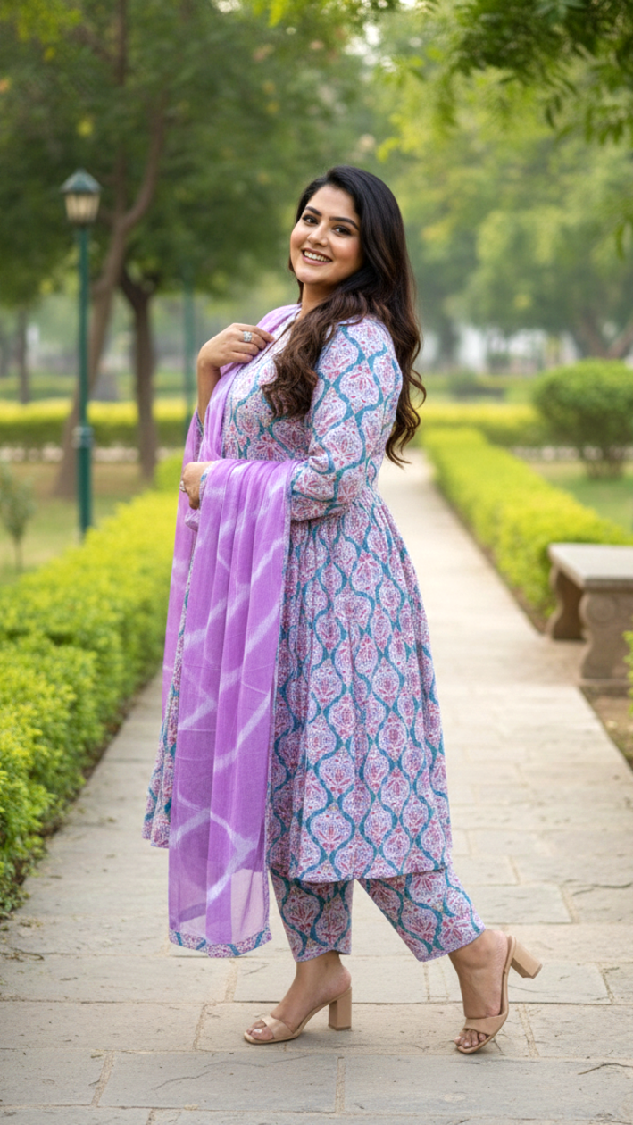 Turq & Lilac Floral Block Print Kurta (Set of 3) with Leheriya Dupatta