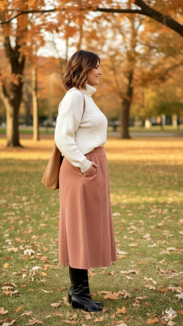 Pink High-Waisted Corduroy Midi Skirt