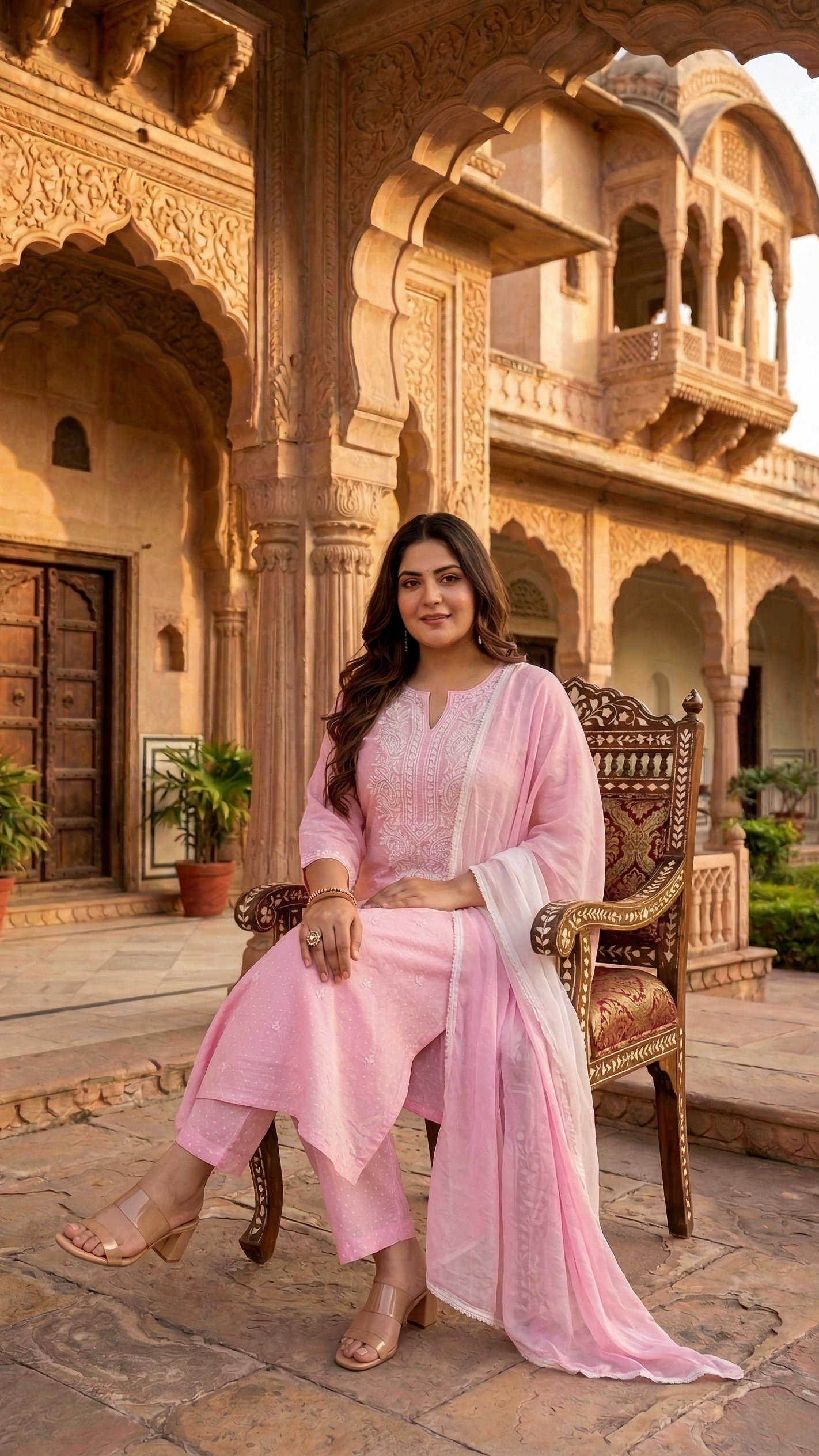 Plus Size Women’s Pink Floral Lucknawi Kurta Set with Leheriya Dupatta – Festive Ethnic Wear