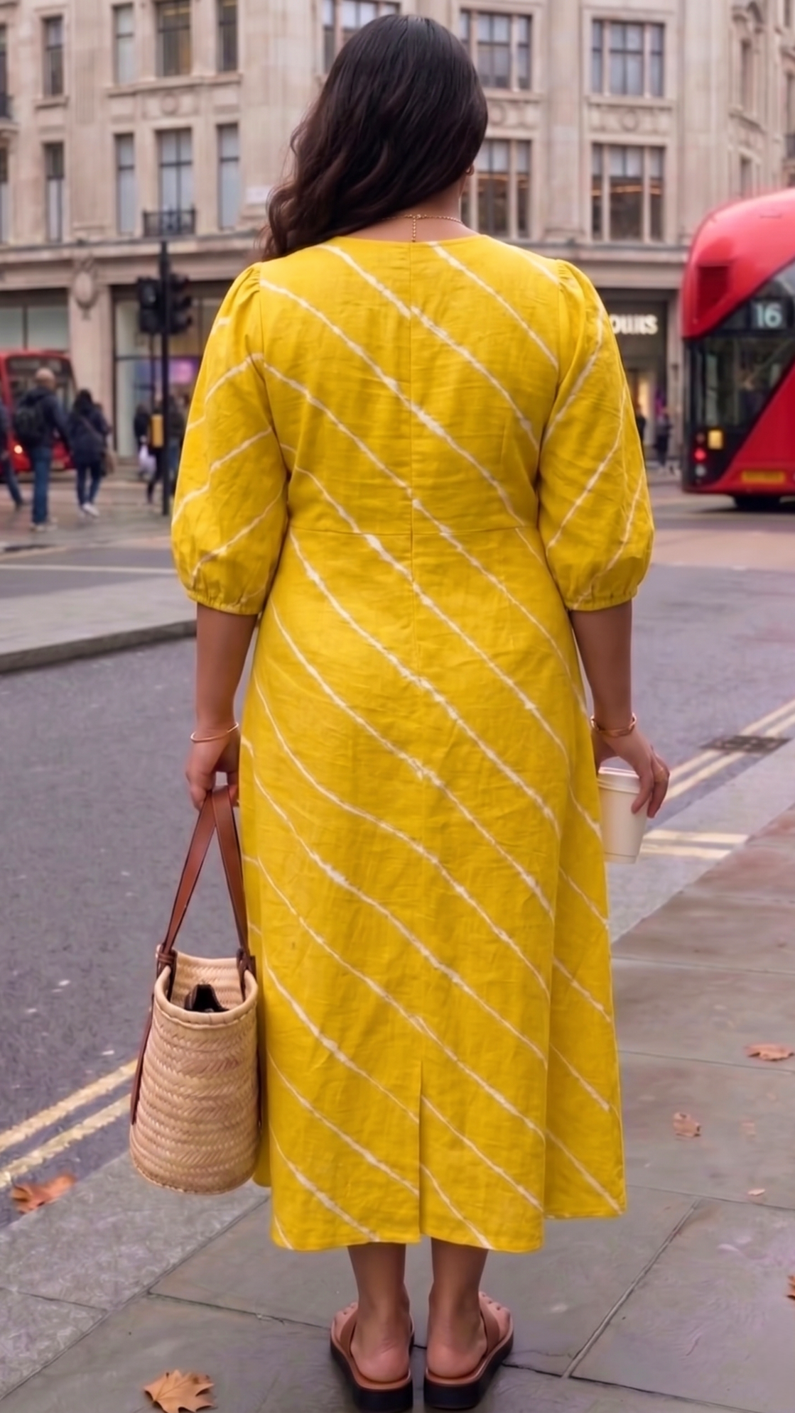 Plus Size Yellow Cotton Midi Dress – Tie-Dye Stripe V-Neck Casual Dress for Women