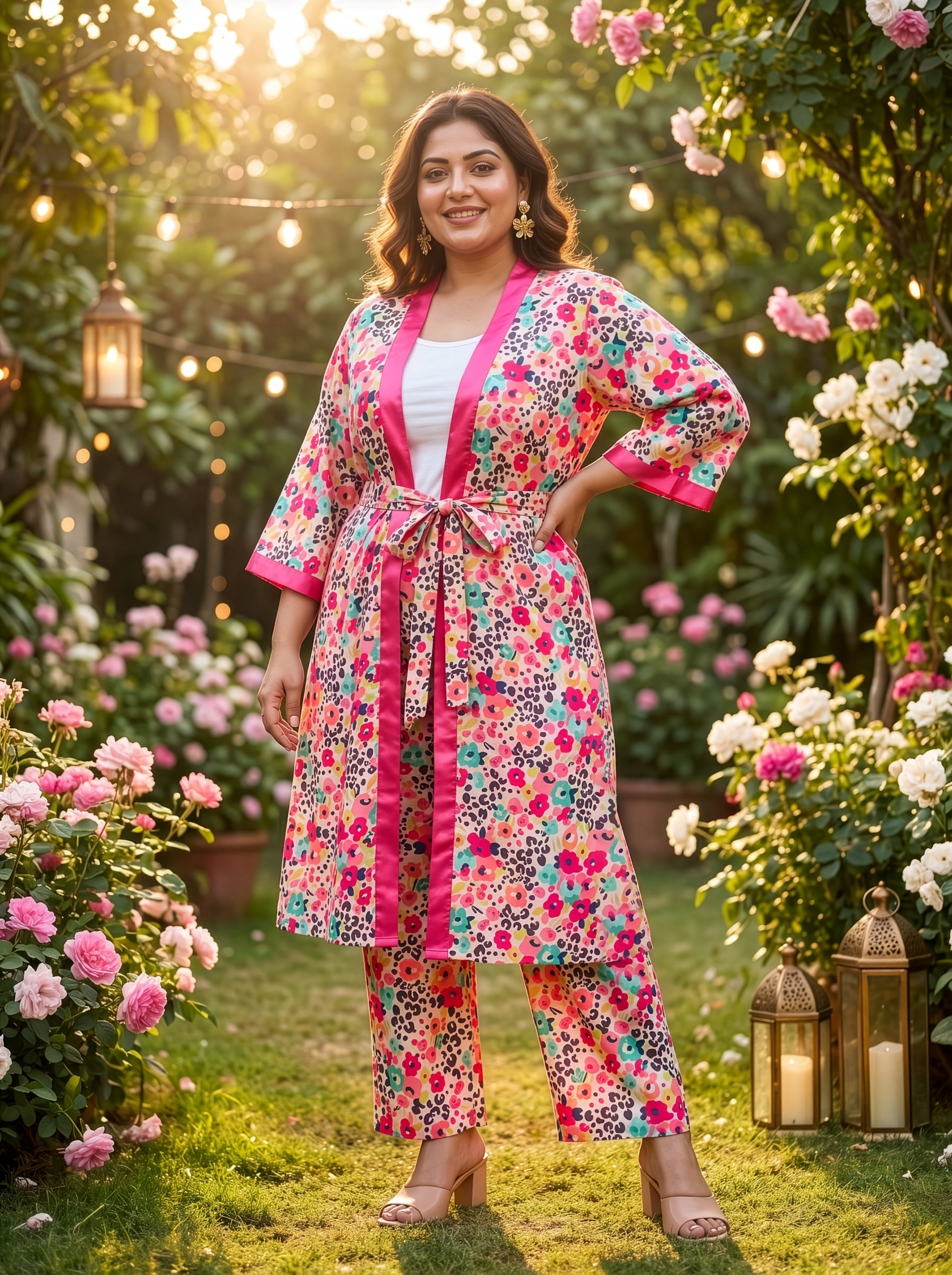 Plus Size Peach Satin Kimono Co-ord Set for Women – Printed Kimono & Trousers