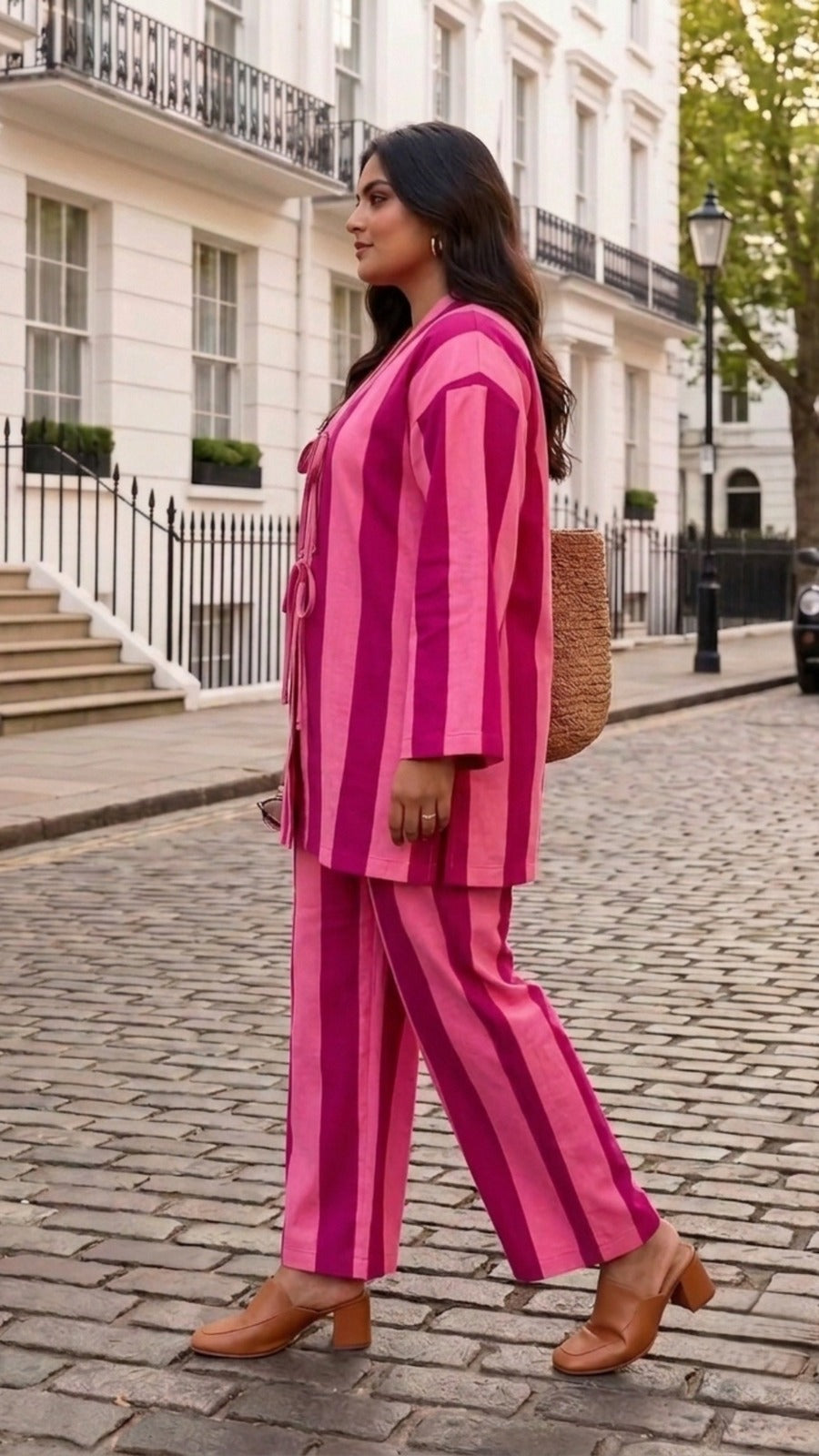 Plus Size Pink Striped Cotton Cord Set for Women | Co-Ord Set with Straight Pants