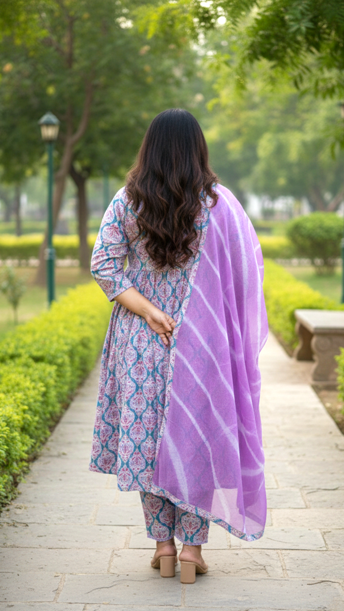 Turq & Lilac Floral Block Print Kurta (Set of 3) with Leheriya Dupatta