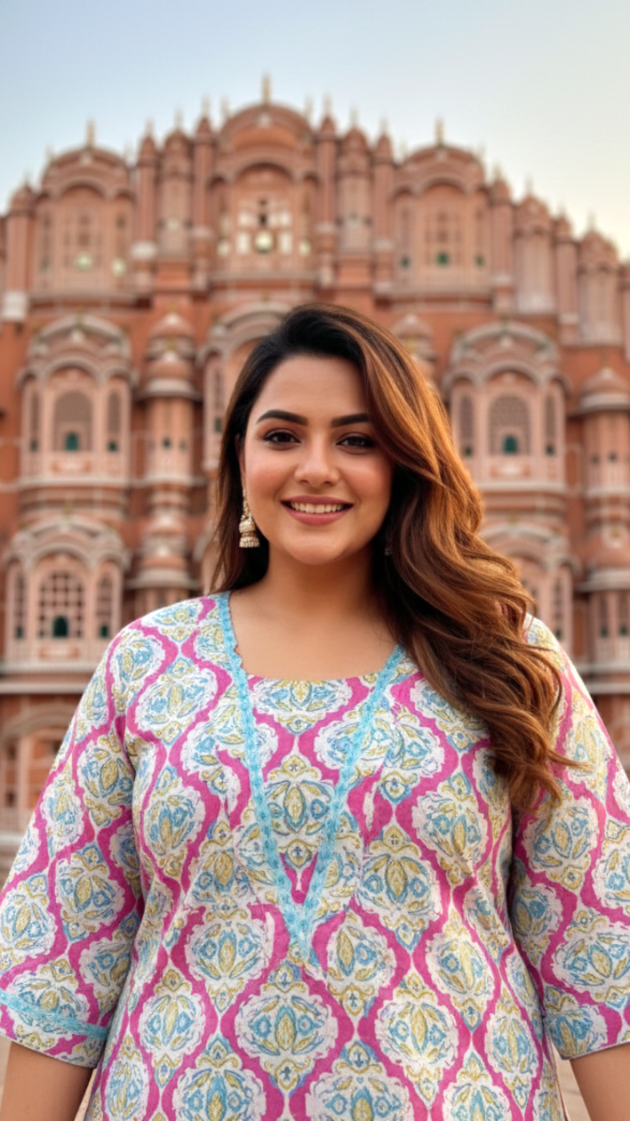 Fuschia & Azure Blue Block Print Kurta with Crochet Lace Detailing(Set of 2)