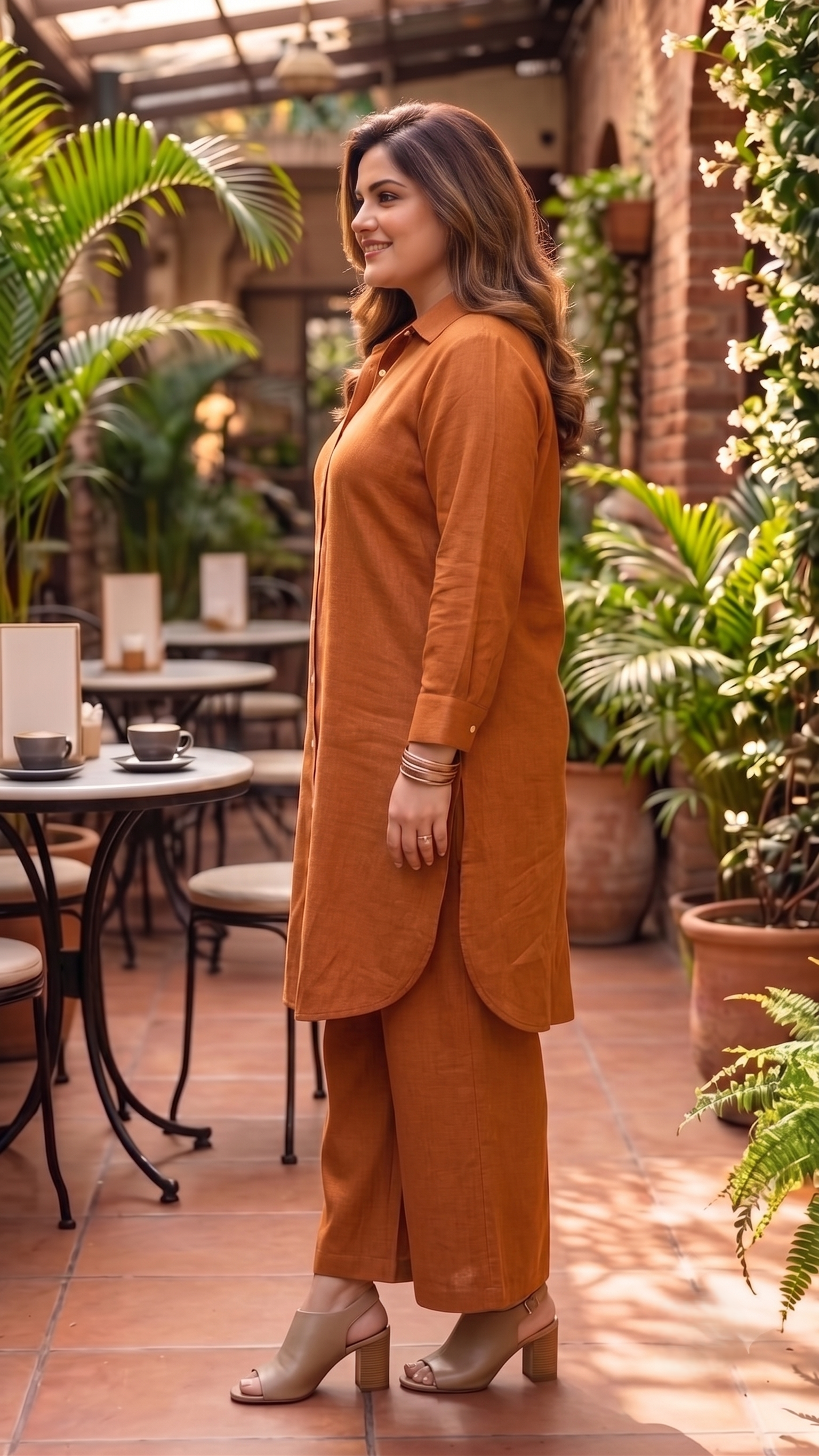 Plus Size Rust Cotton Co-ord Set for Women | Solid Button-Down Kurta with Wide-Leg Pants