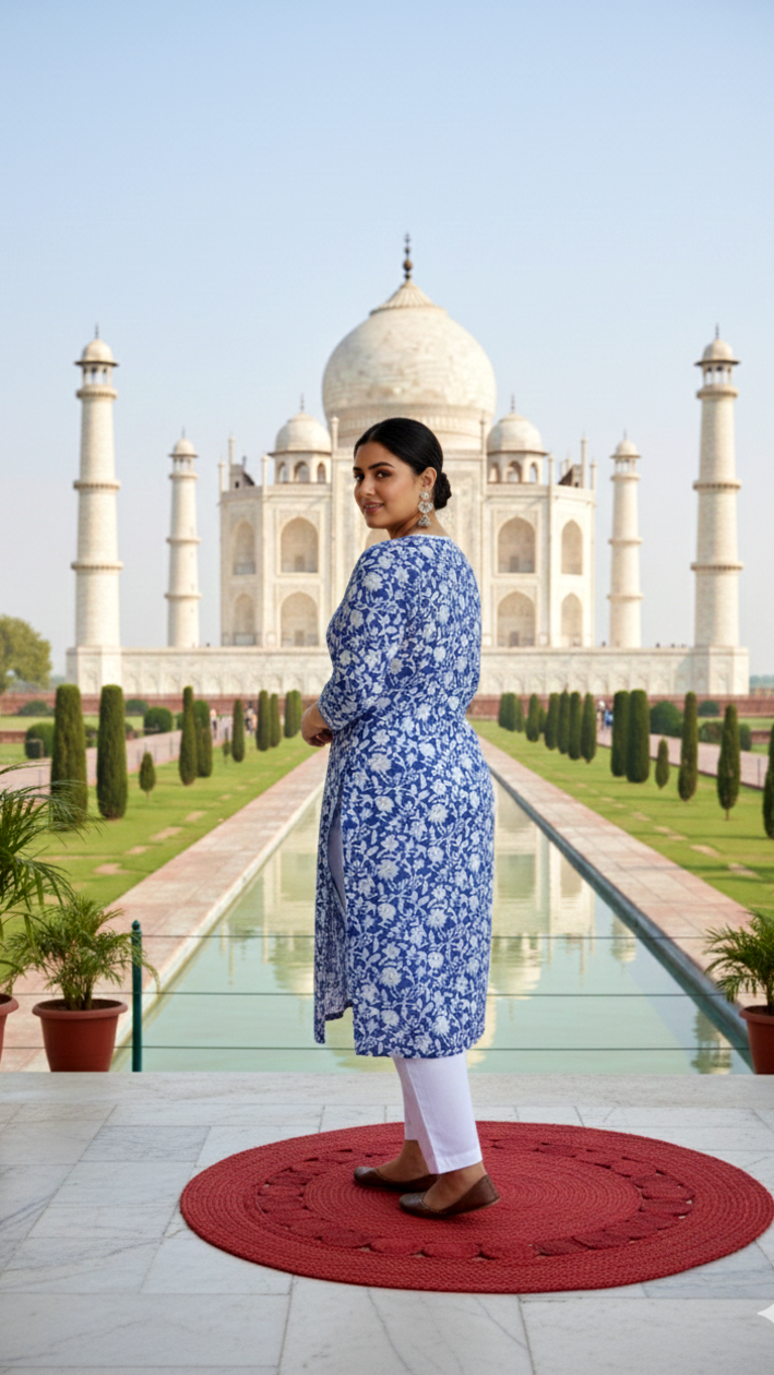 Blue Jaal Block Printed Cotton Kurta Set - (Set of 2)