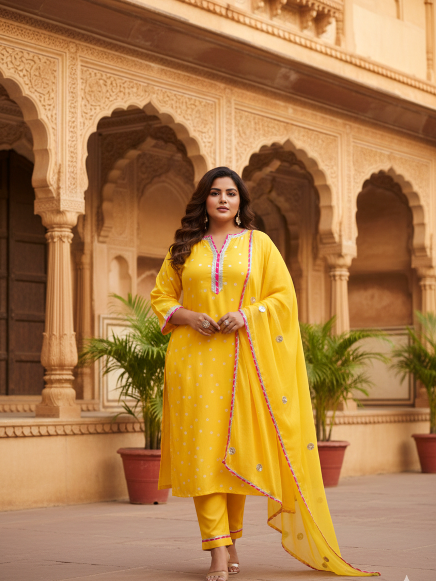 Navrai Yellow Bandhani Suit Set - (Set of 3)