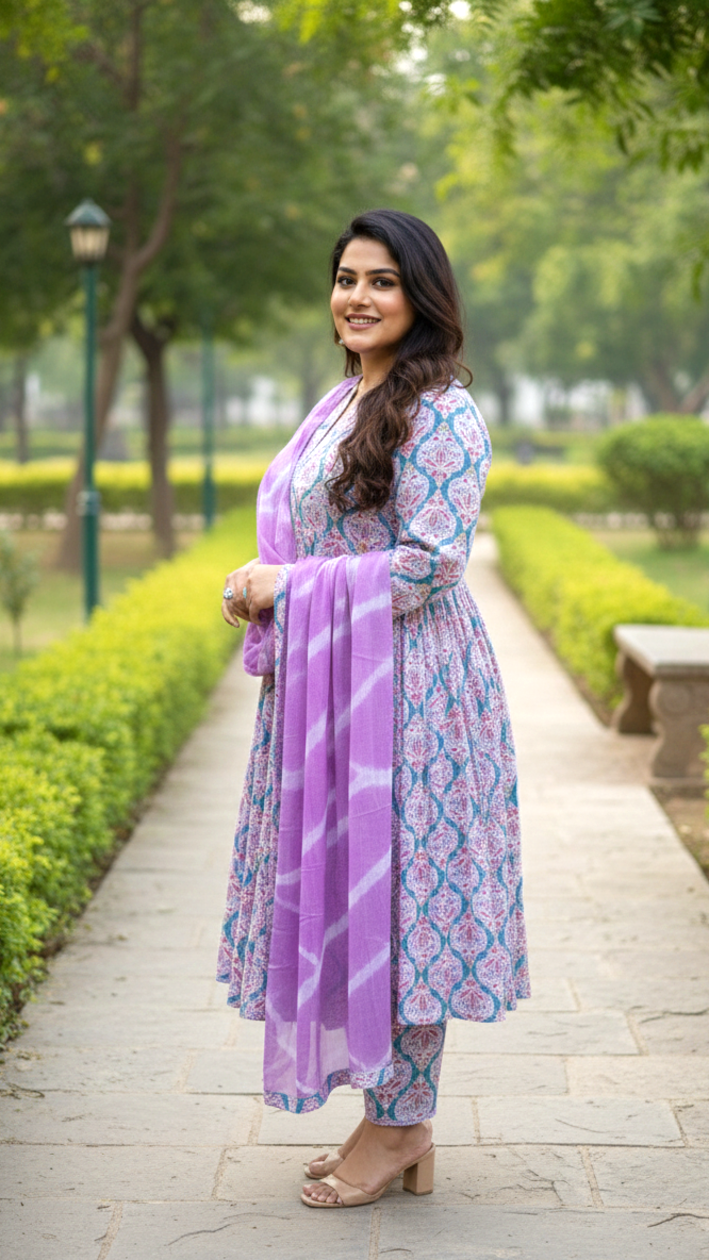 Turq & Lilac Floral Block Print Kurta (Set of 3) with Leheriya Dupatta