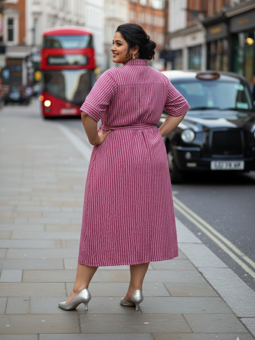 Mauve Pink Striped Cotton Shirt Dress