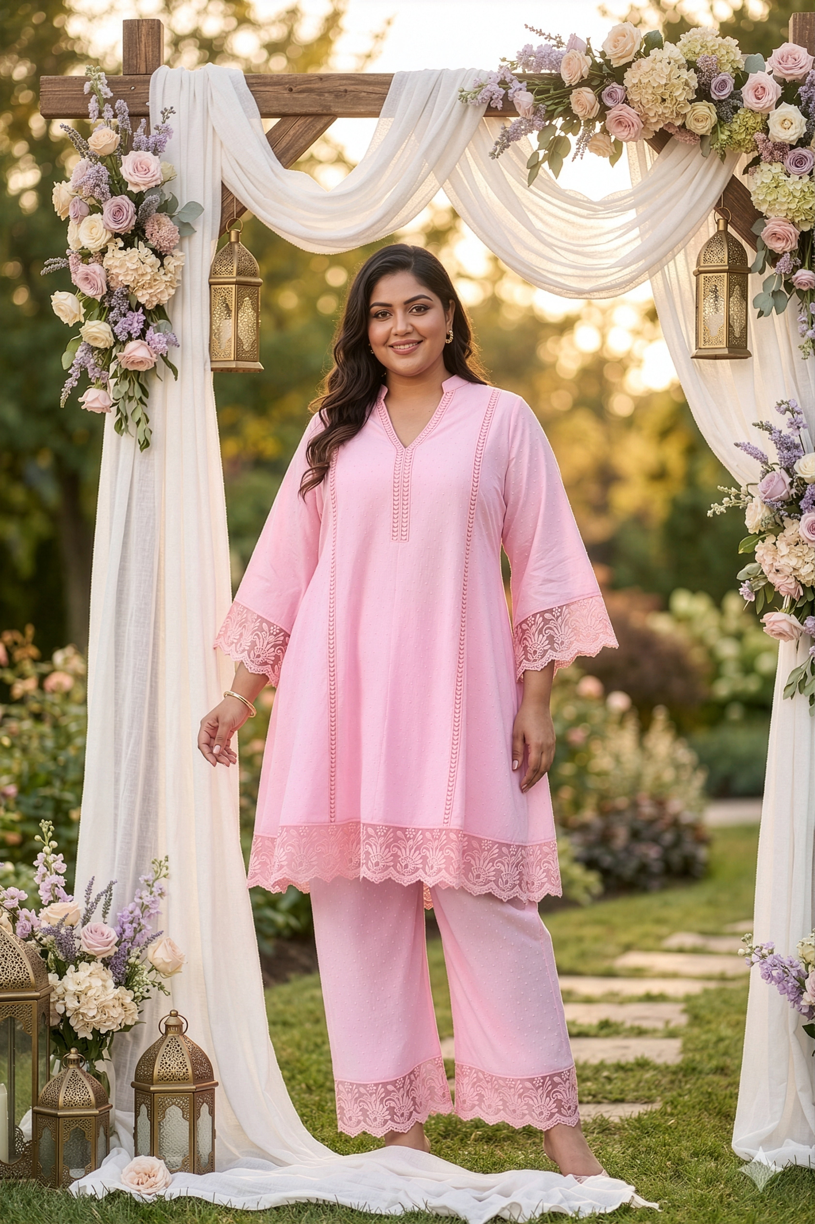 Baby Pink Festive Co-ord Set With Crochet Organza Lace