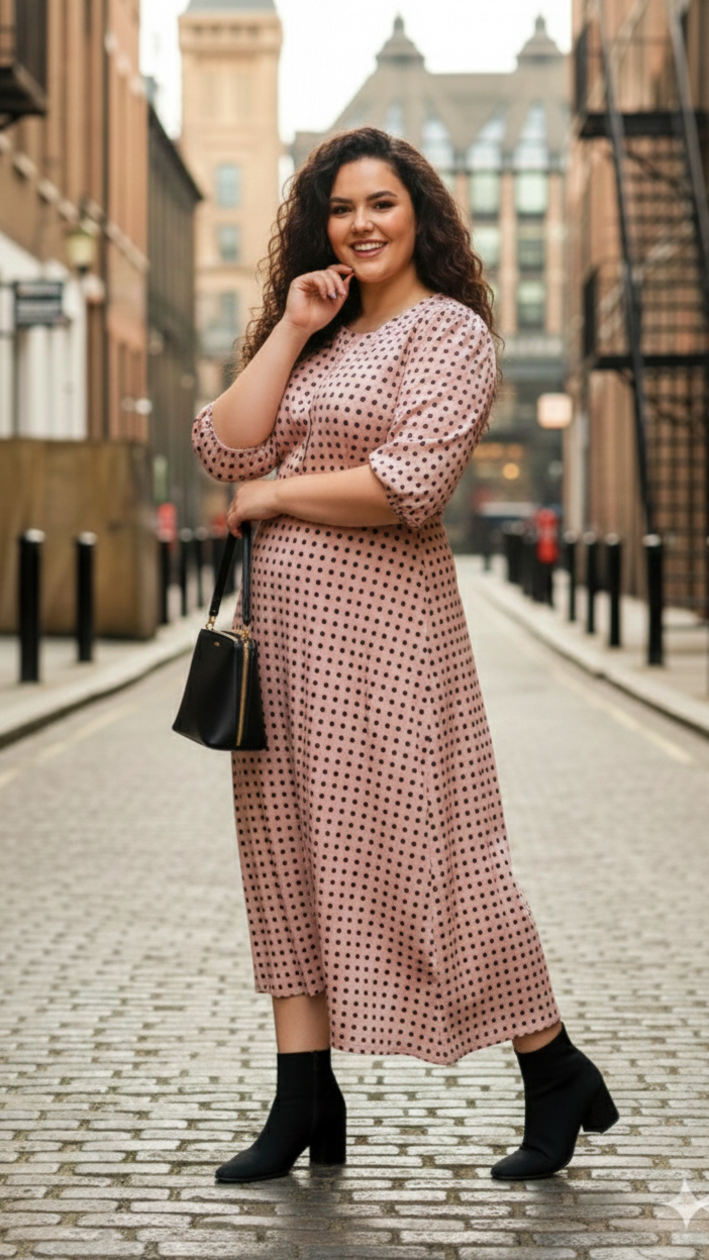 Plus Size Women’s Polka Dot Midi Dress – Elegant A-Line