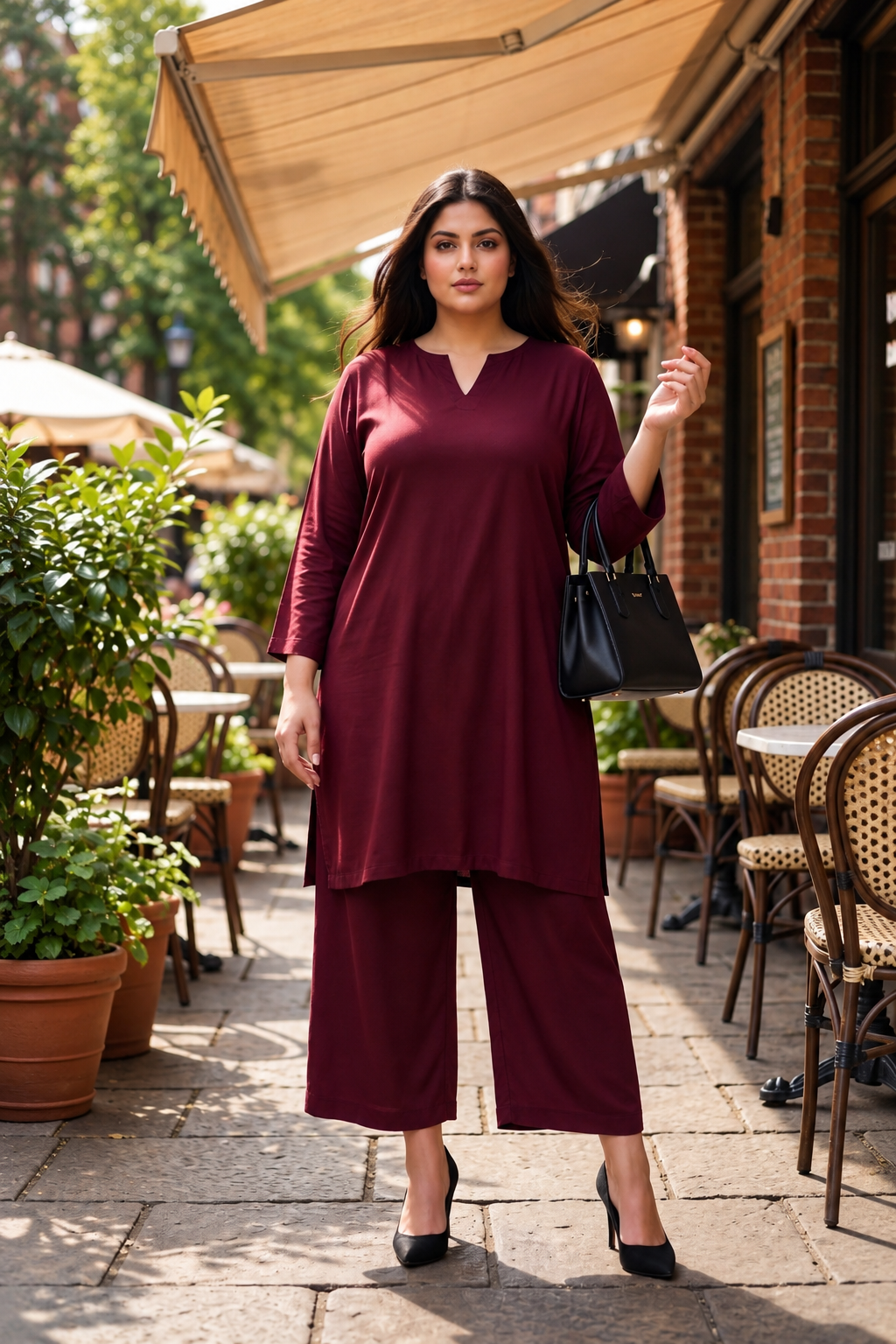 Plus Size Maroon Rayon Co-ord Set for Women | 3/4 Sleeve Kurta & Wide-Leg Pants