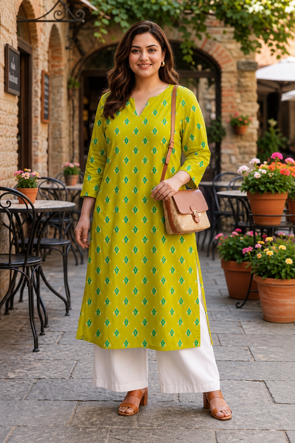 Plus Size Mustard Printed Cotton Kurta for Women | Straight Casual Kurta