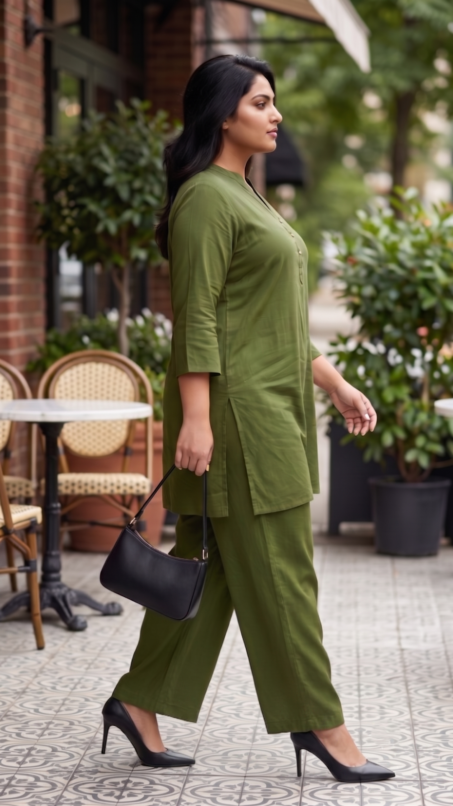 Plus Size Mehendi Green Soft Viscose Co-ord Set for Women | Solid Kurta & Straight Pants