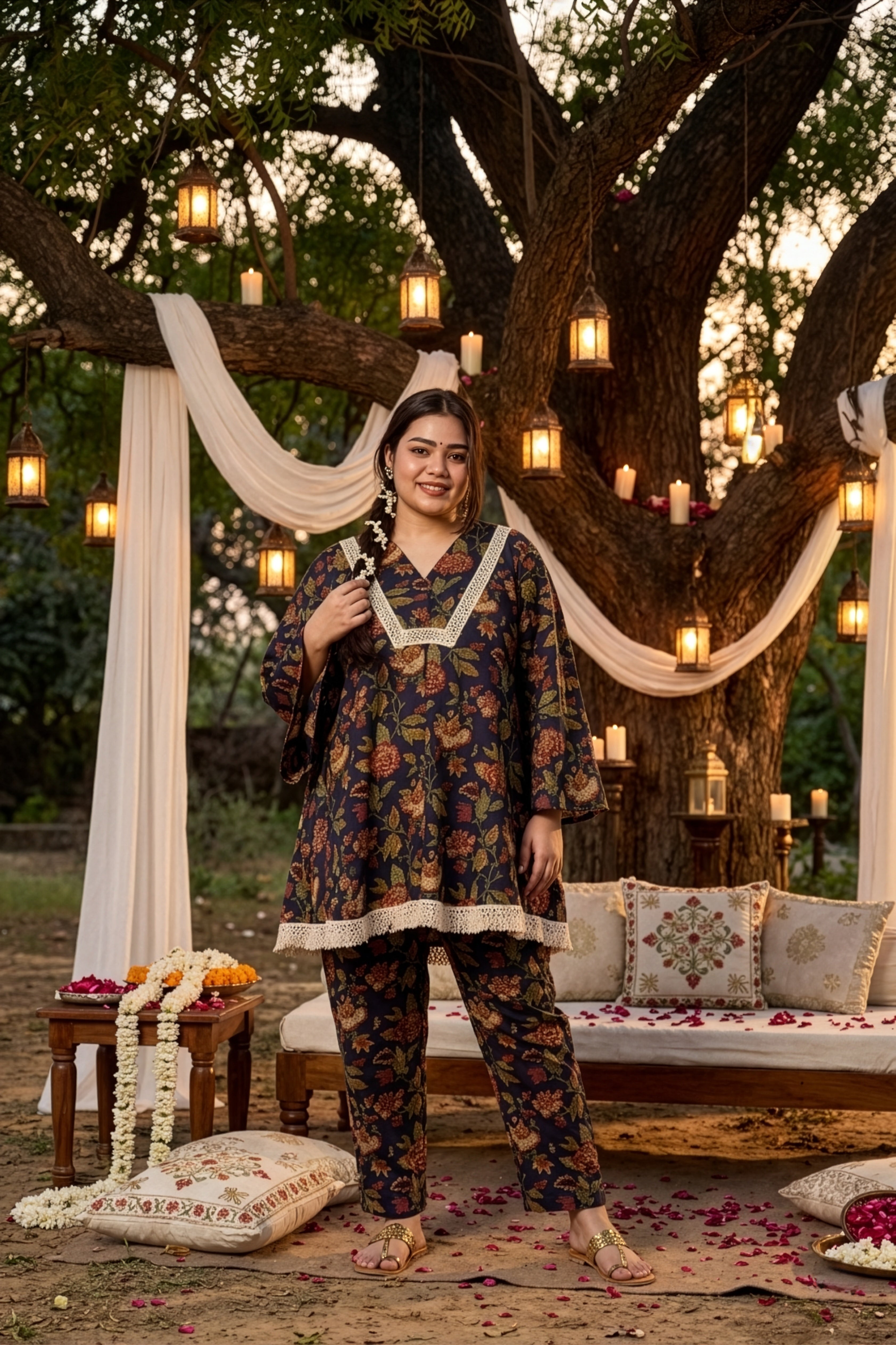 Plus Size Navy Blue Floral Cotton Co-ord Set with Lace Detail – Relaxed Fit