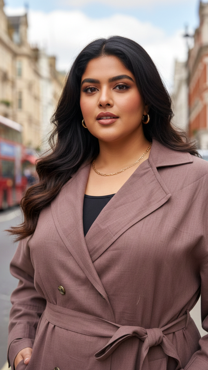 Plus Size Cotton Flex Long Trench Coat – Belted Smart Casual Overcoat