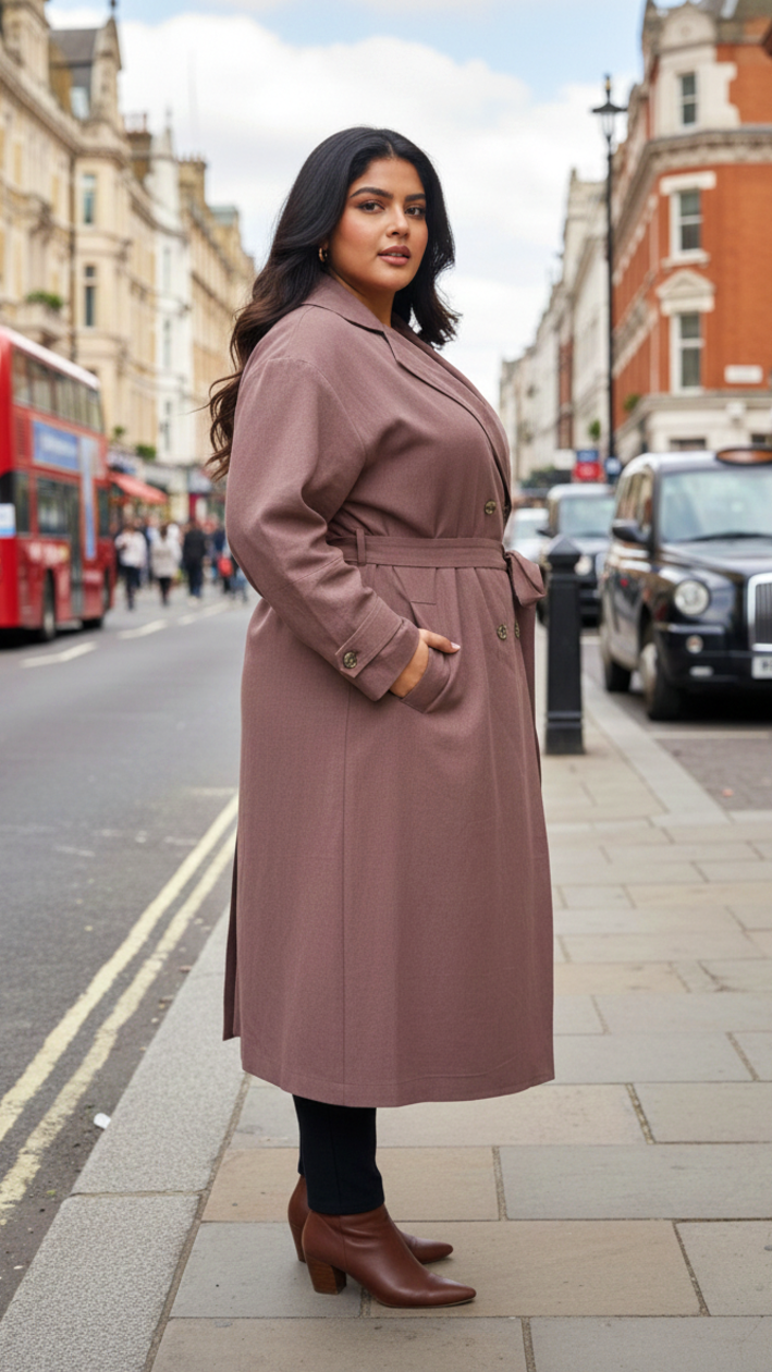 Plus Size Cotton Flex Long Trench Coat – Belted Smart Casual Overcoat