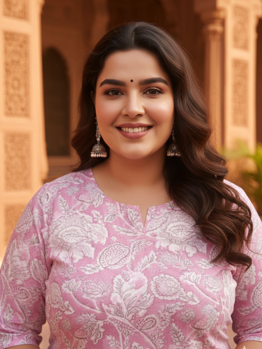 Pink Printed V Neck Straight Kurta Pant Set - (Set of 2)