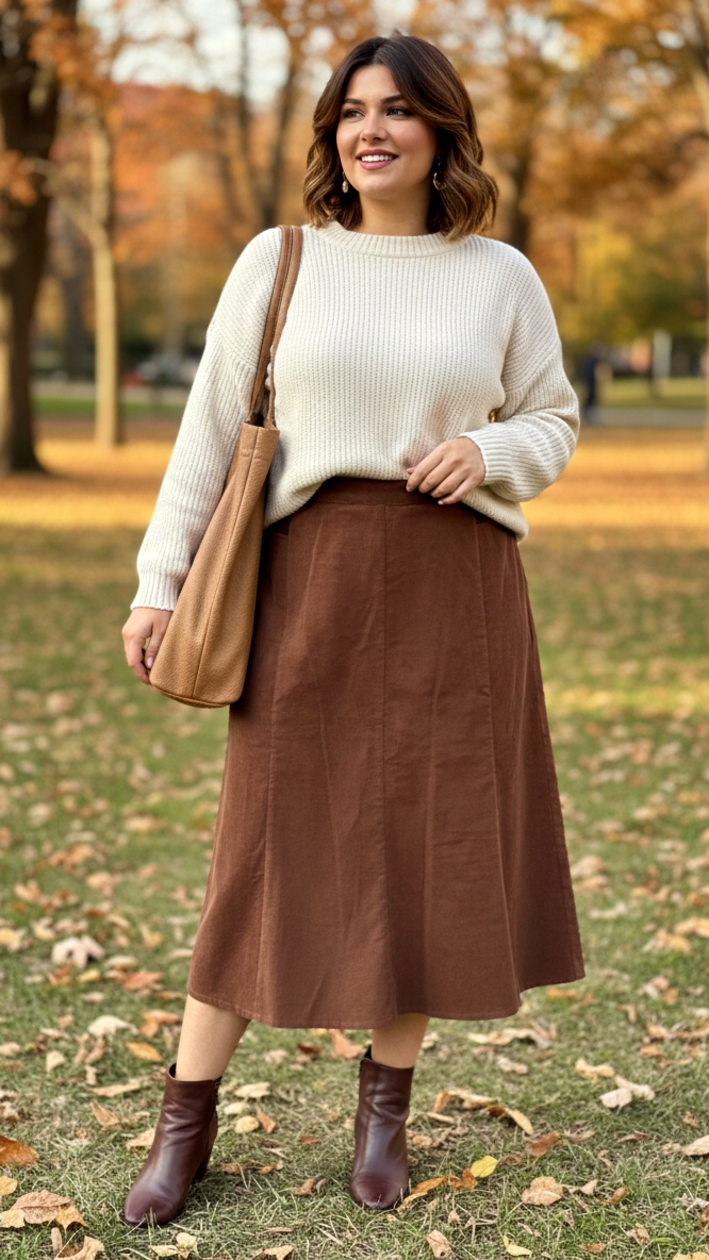 Brown High-Waisted Courduroy Midi Skirt