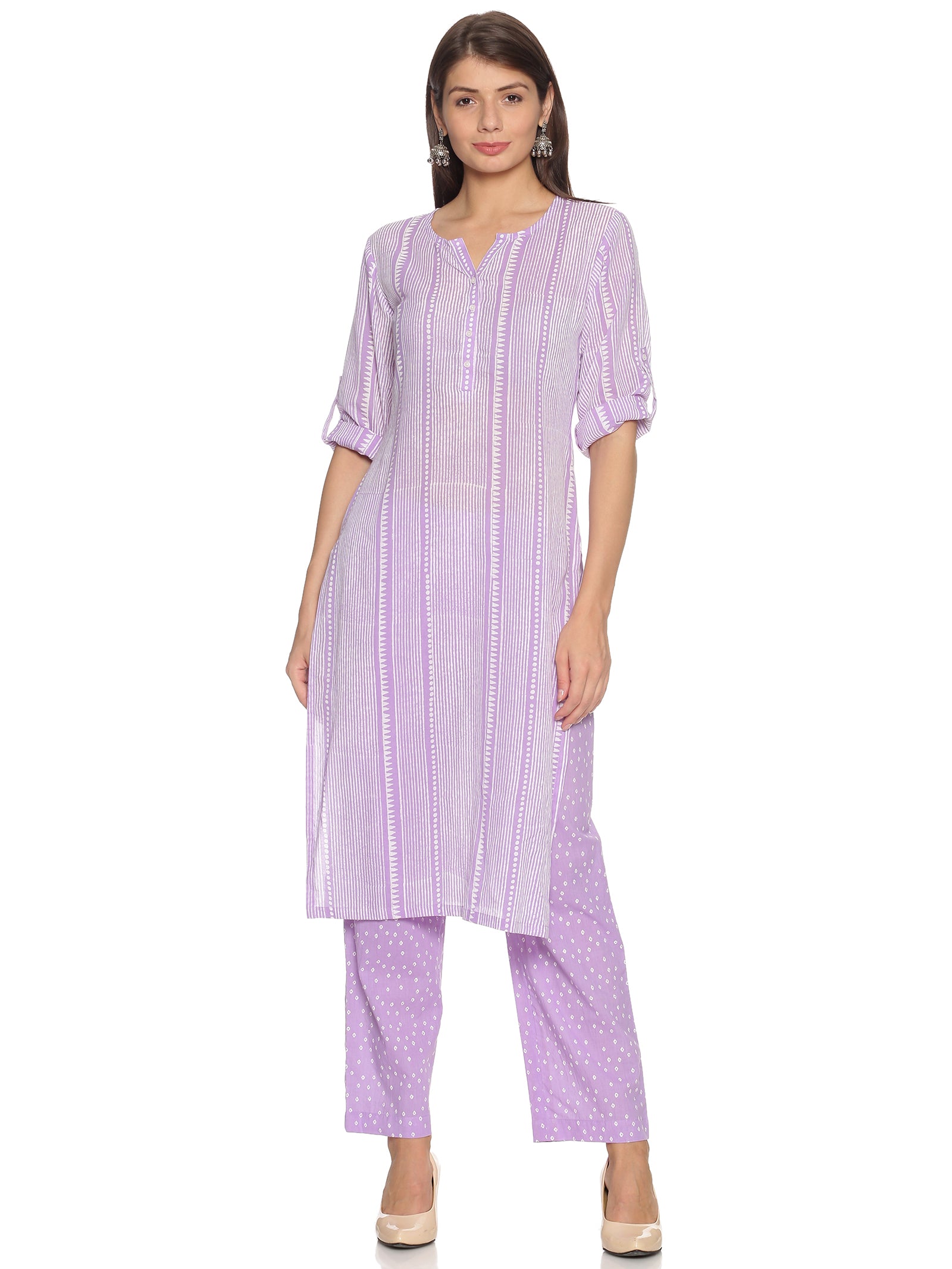 Plus Size Lavender Printed Straight Cotton Kurta Pant Set For Women
