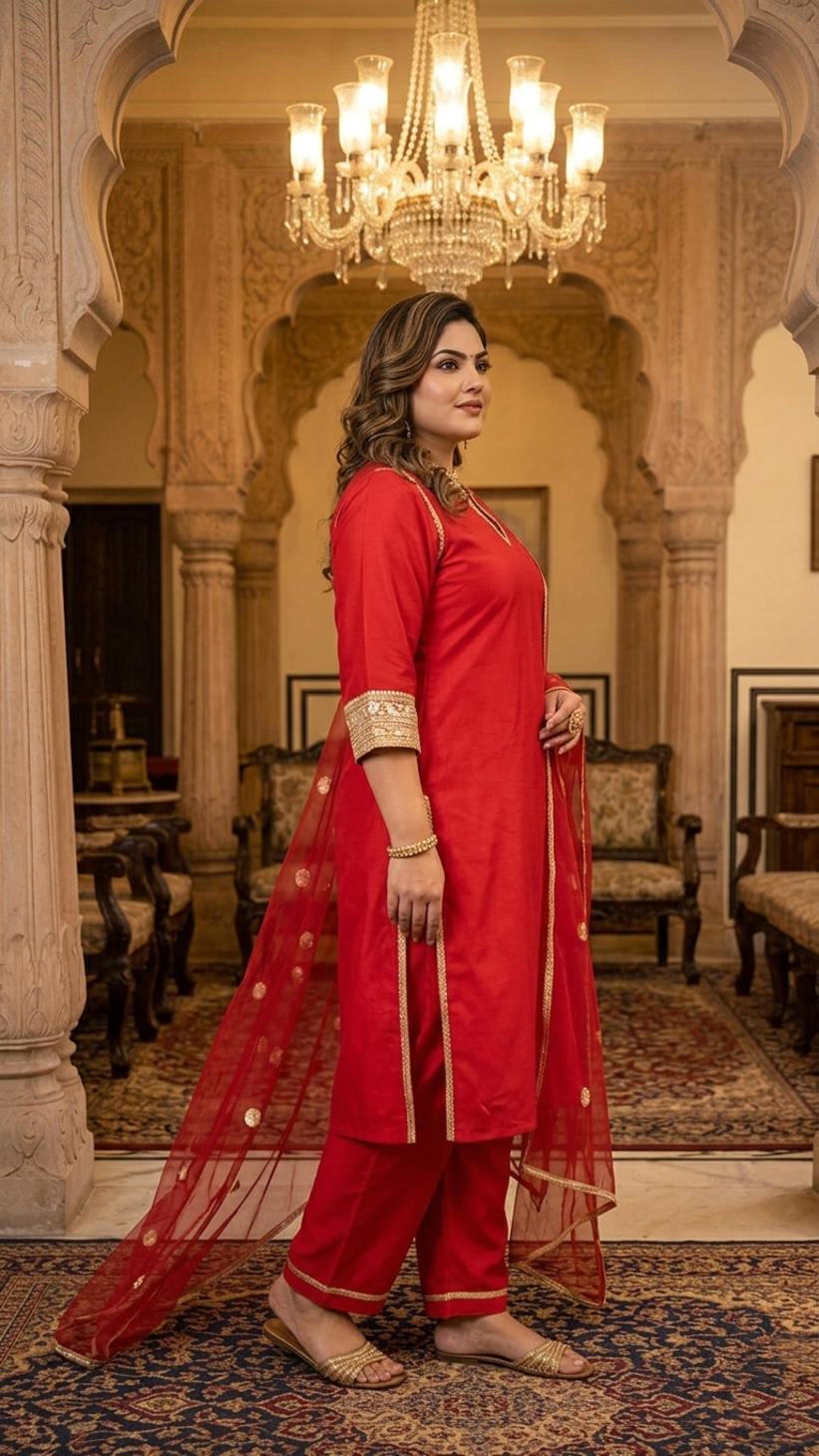Plus Size Women Elegant Red Silk Kurta Set - Festive Ethnic Wear with Dupatta