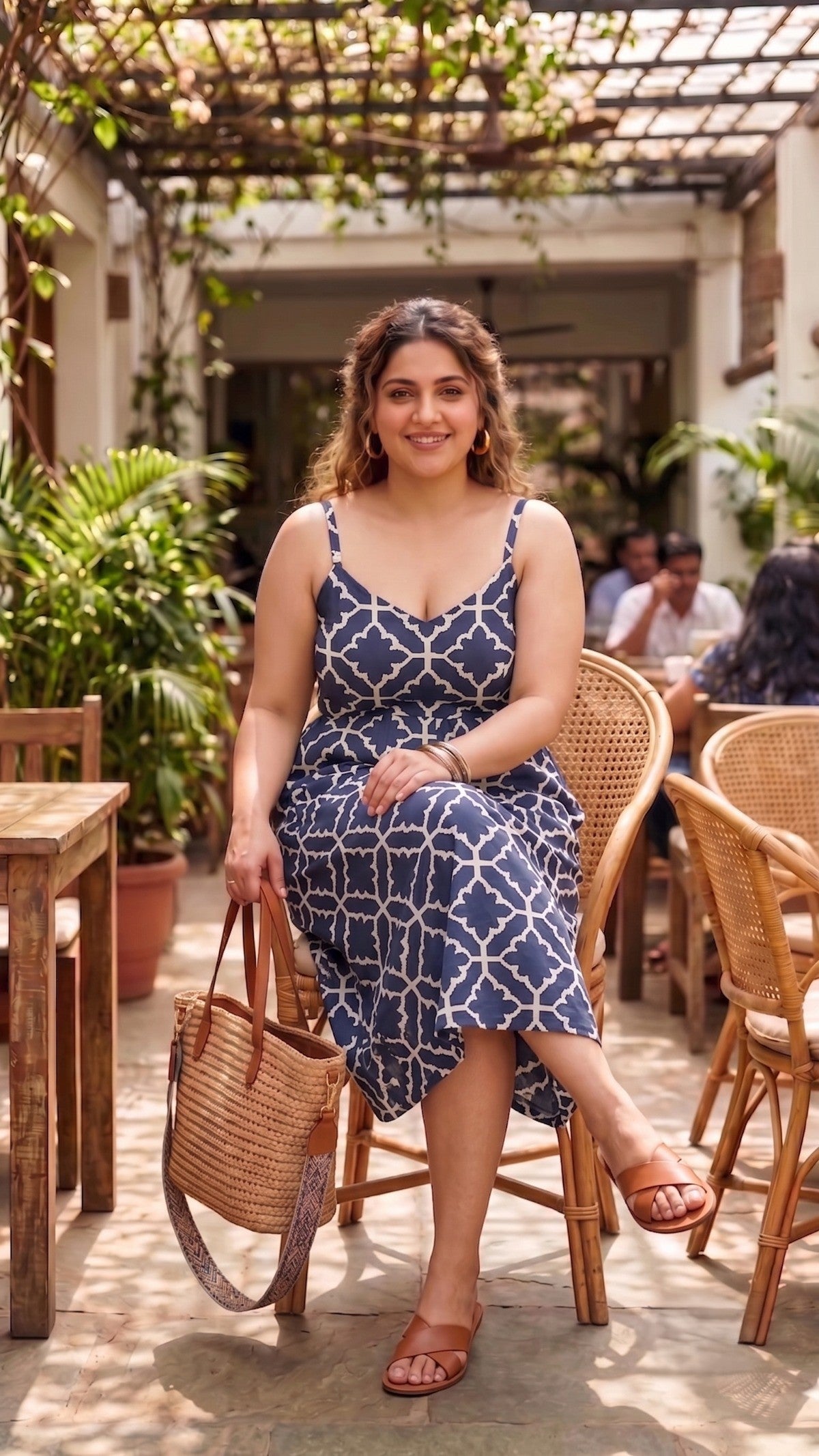 Plus Size Navy Blue Geometric Printed Cotton Midi Dress for Women | Sleeveless Button-Front Dress