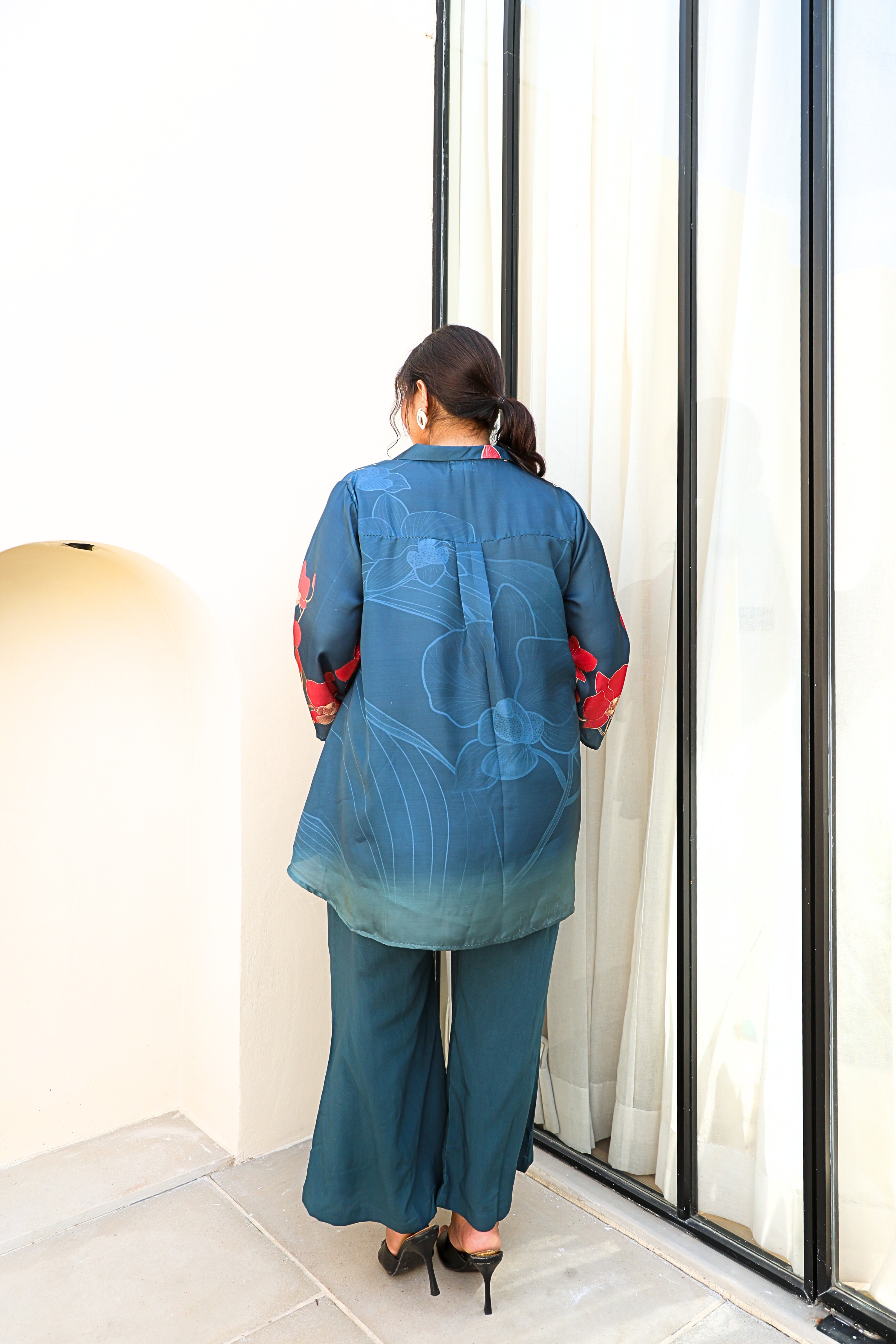 Flowy Satin Teal Co-ord Set with Digital Floral Print